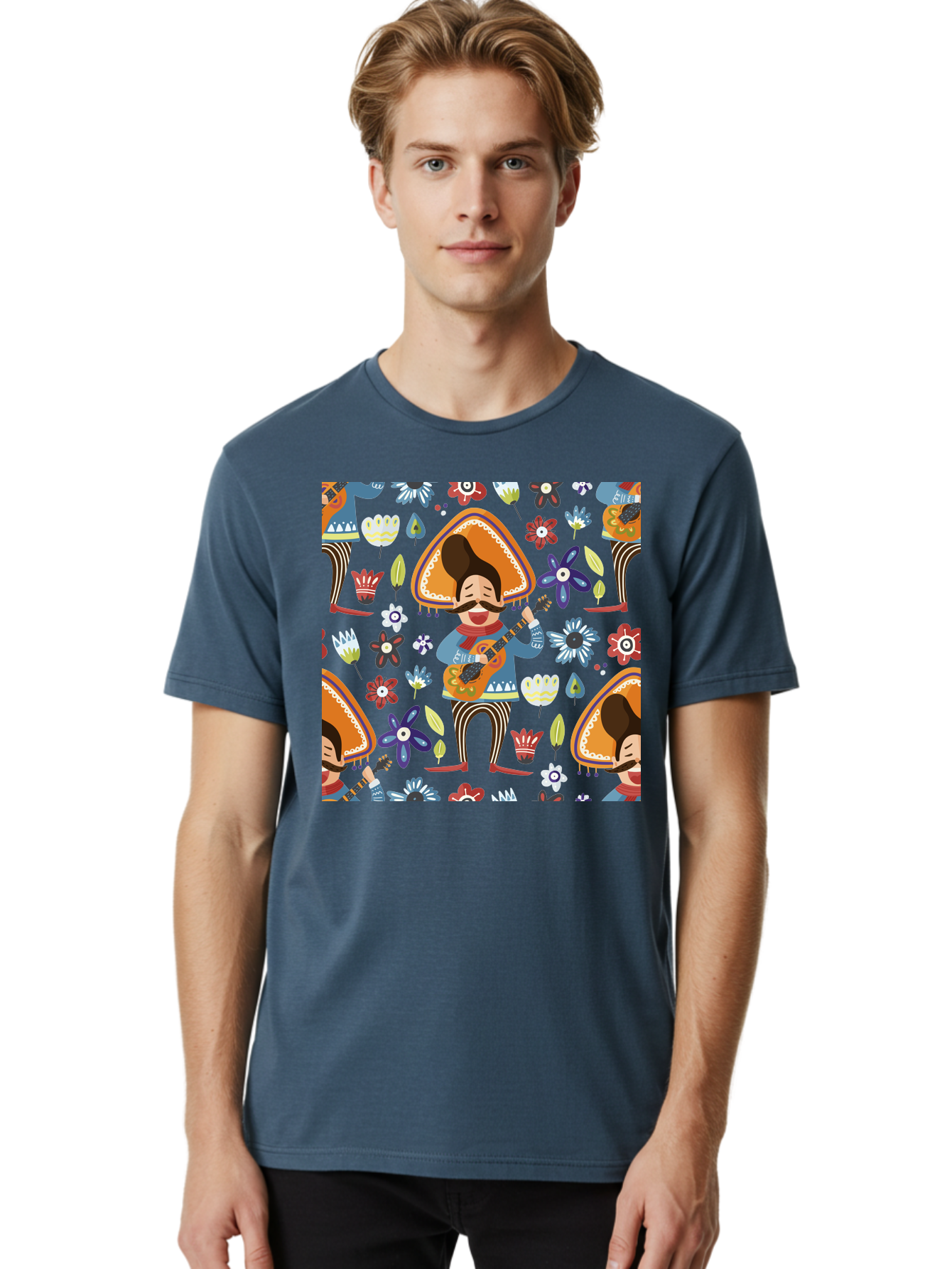 Mexican-Guitarist Men'S Graphic Tee, 100% Cotton, Comfortable Casual Summer Wear, Machine Washable, Mariachi Man Playing Guitar, Sombrero Hat, Mustache, Vibrant Flowers, Festive Atmosphere, Lively Music, Cultural Heritage, - Aaa279 18
