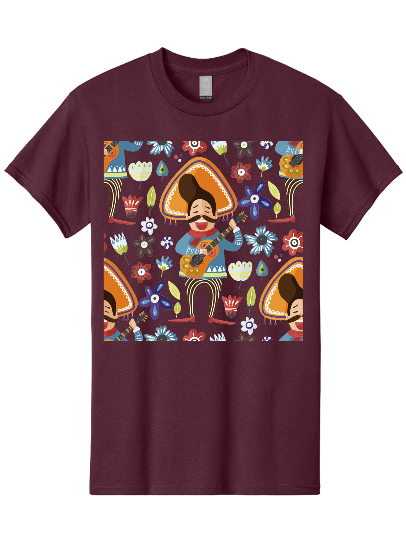 Mexican-Guitarist Men'S Graphic Tee, 100% Cotton, Comfortable Casual Summer Wear, Machine Washable, Mariachi Man Playing Guitar, Sombrero Hat, Mustache, Vibrant Flowers, Festive Atmosphere, Lively Music, Cultural Heritage, - Aaa279 21