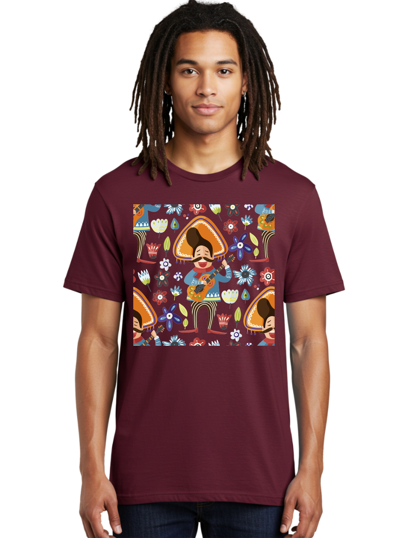 Mexican-Guitarist Men'S Graphic Tee, 100% Cotton, Comfortable Casual Summer Wear, Machine Washable, Mariachi Man Playing Guitar, Sombrero Hat, Mustache, Vibrant Flowers, Festive Atmosphere, Lively Music, Cultural Heritage, - Aaa279 22