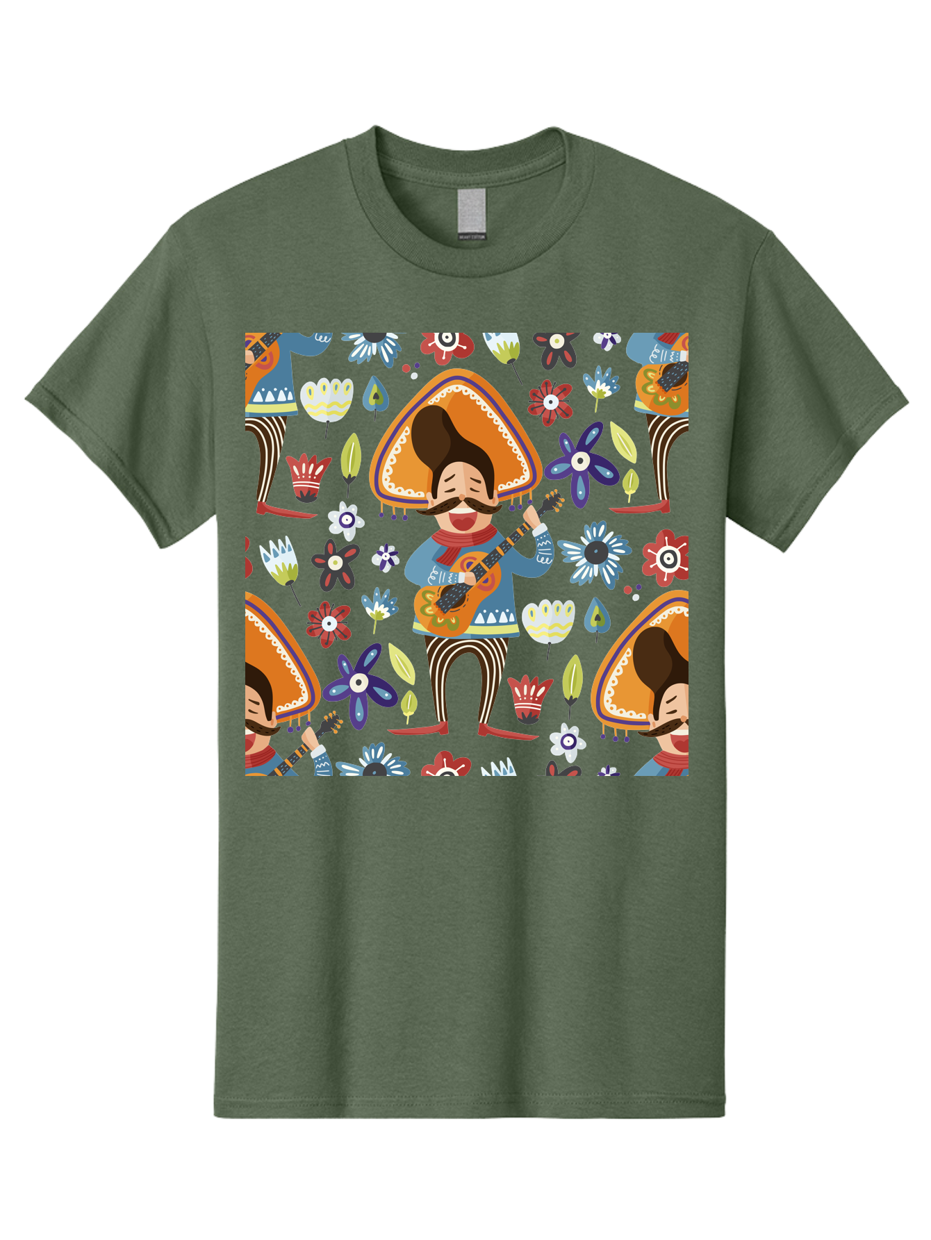 Mexican-Guitarist Men'S Graphic Tee, 100% Cotton, Comfortable Casual Summer Wear, Machine Washable, Mariachi Man Playing Guitar, Sombrero Hat, Mustache, Vibrant Flowers, Festive Atmosphere, Lively Music, Cultural Heritage, - Aaa279 25