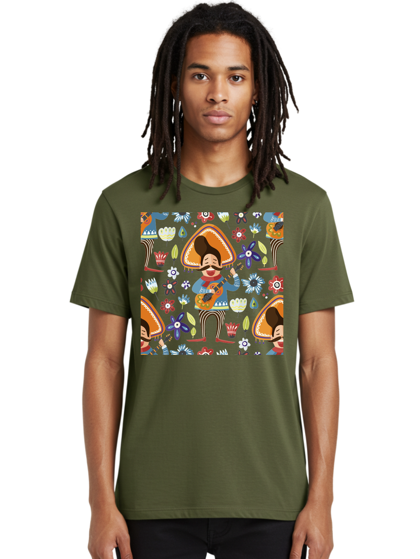 Mexican-Guitarist Men'S Graphic Tee, 100% Cotton, Comfortable Casual Summer Wear, Machine Washable, Mariachi Man Playing Guitar, Sombrero Hat, Mustache, Vibrant Flowers, Festive Atmosphere, Lively Music, Cultural Heritage, - Aaa279 26