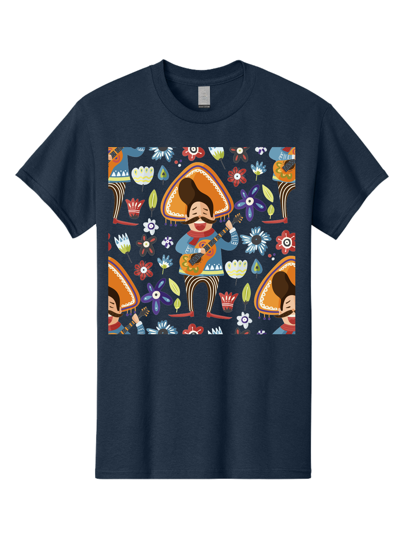 Mexican-Guitarist Men'S Graphic Tee, 100% Cotton, Comfortable Casual Summer Wear, Machine Washable, Mariachi Man Playing Guitar, Sombrero Hat, Mustache, Vibrant Flowers, Festive Atmosphere, Lively Music, Cultural Heritage, - Aaa279 23