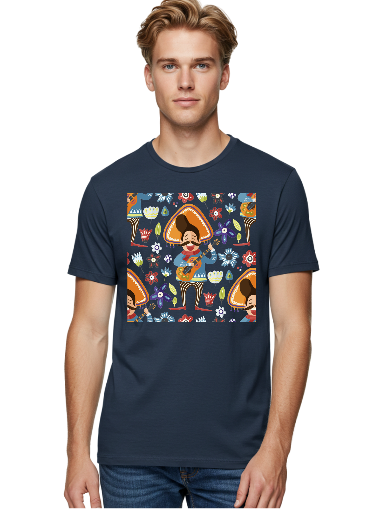Mexican-Guitarist Men'S Graphic Tee, 100% Cotton, Comfortable Casual Summer Wear, Machine Washable, Mariachi Man Playing Guitar, Sombrero Hat, Mustache, Vibrant Flowers, Festive Atmosphere, Lively Music, Cultural Heritage, - Aaa279 24
