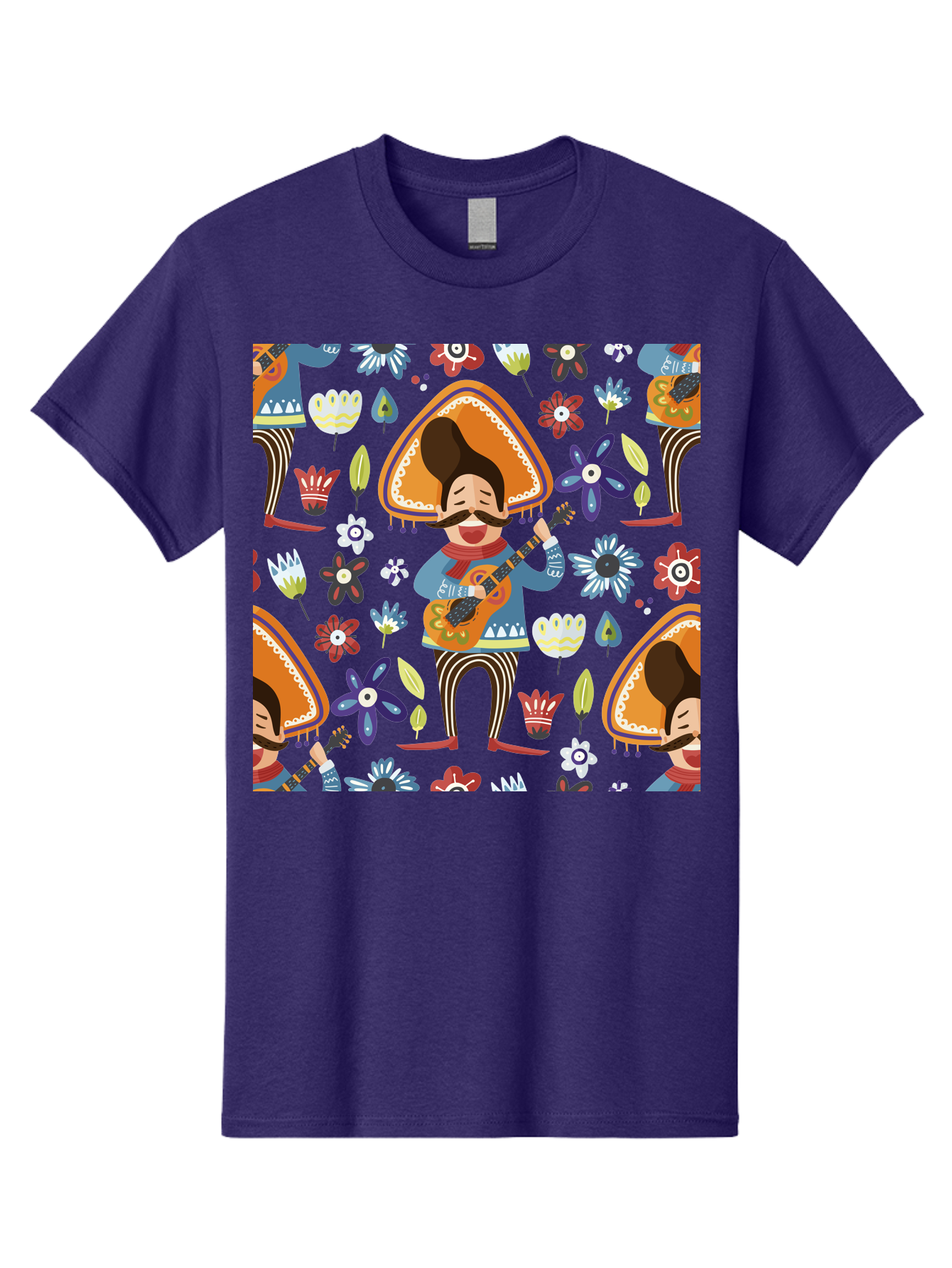 Mexican-Guitarist Men'S Graphic Tee, 100% Cotton, Comfortable Casual Summer Wear, Machine Washable, Mariachi Man Playing Guitar, Sombrero Hat, Mustache, Vibrant Flowers, Festive Atmosphere, Lively Music, Cultural Heritage, - Aaa279 29