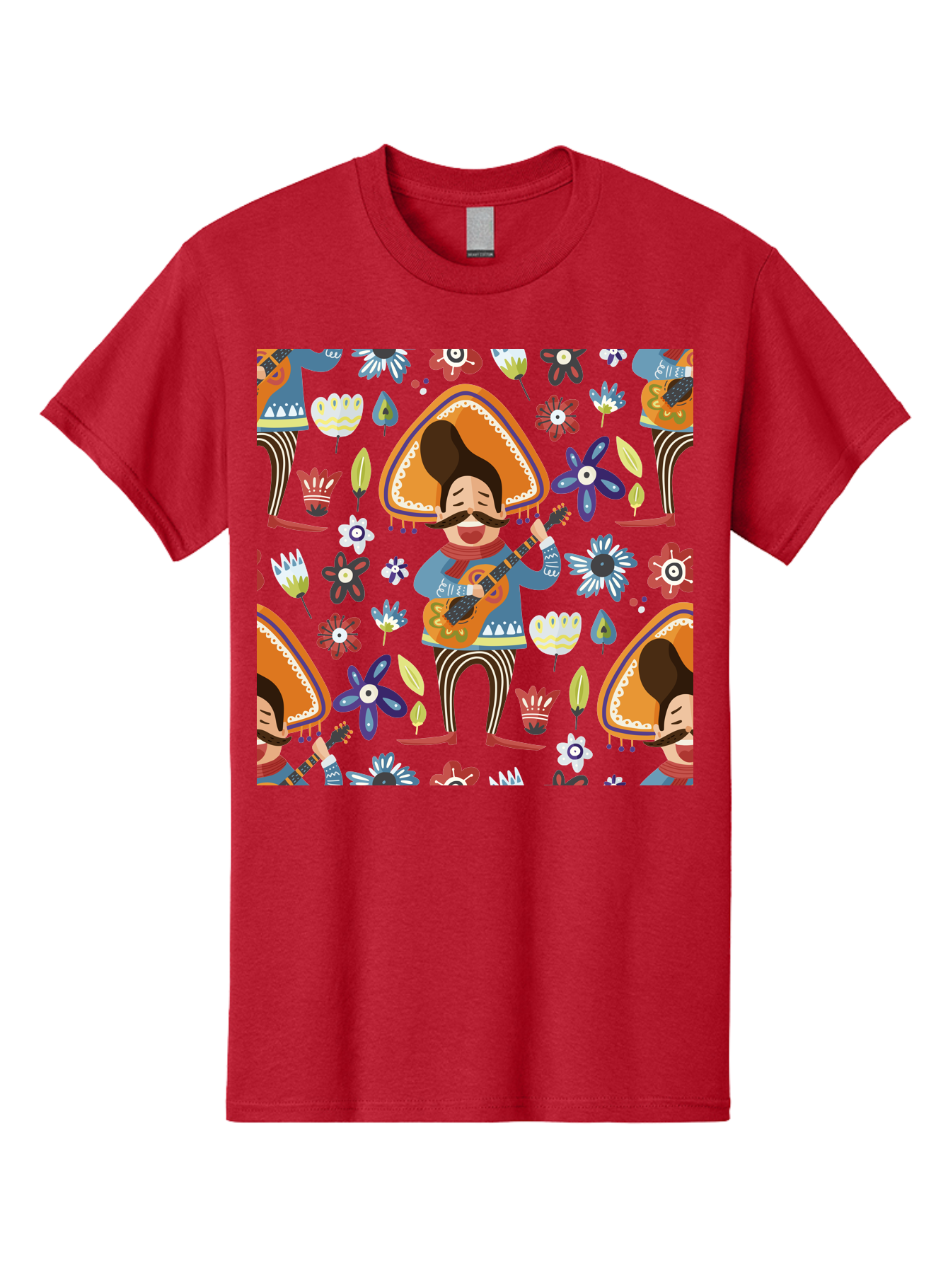 Mexican-Guitarist Men'S Graphic Tee, 100% Cotton, Comfortable Casual Summer Wear, Machine Washable, Mariachi Man Playing Guitar, Sombrero Hat, Mustache, Vibrant Flowers, Festive Atmosphere, Lively Music, Cultural Heritage, - Aaa279 9