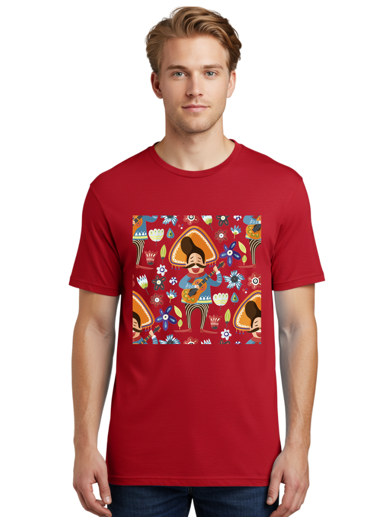 Mexican-Guitarist Men'S Graphic Tee, 100% Cotton, Comfortable Casual Summer Wear, Machine Washable, Mariachi Man Playing Guitar, Sombrero Hat, Mustache, Vibrant Flowers, Festive Atmosphere, Lively Music, Cultural Heritage, - Aaa279 10