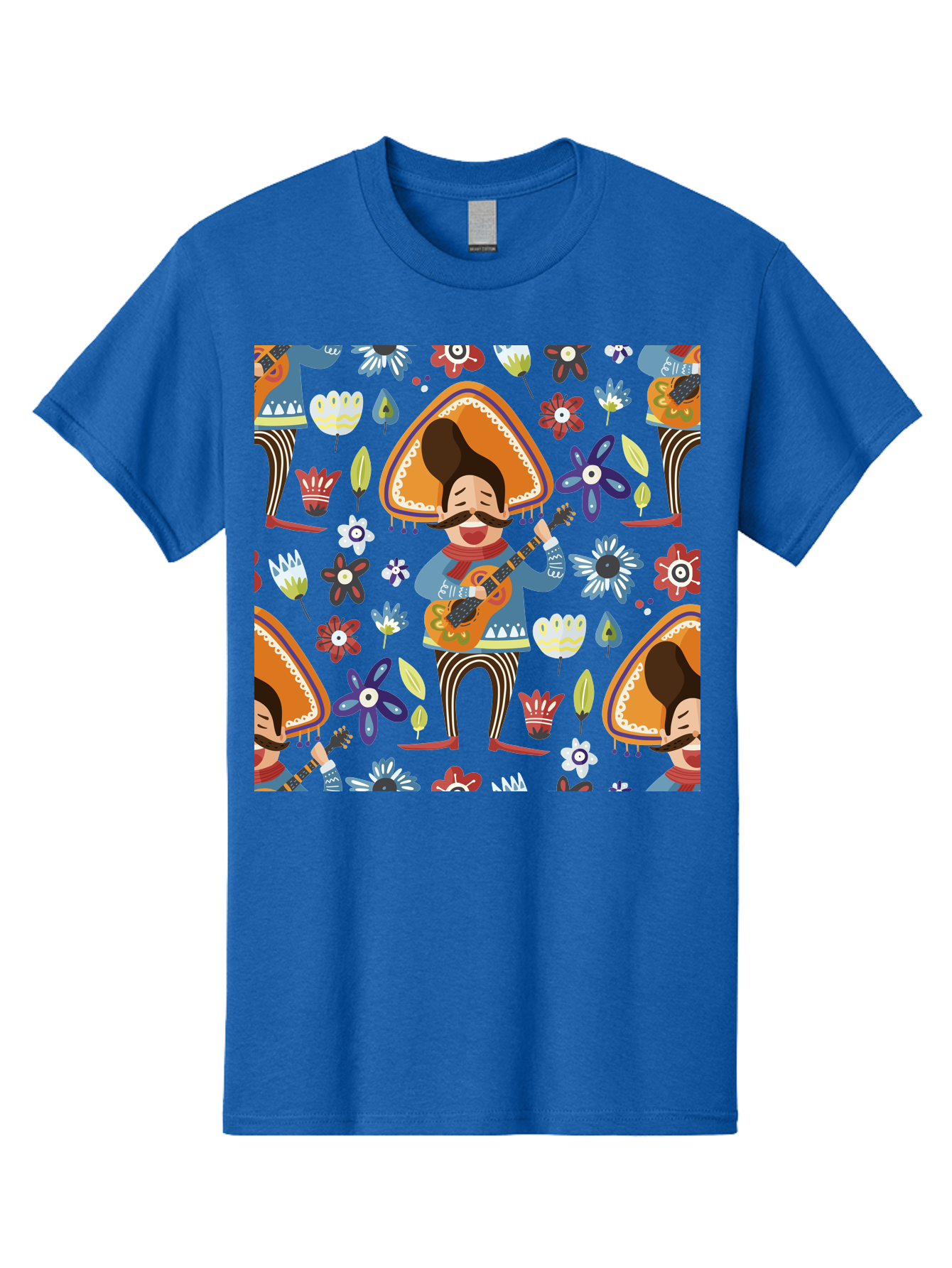 Mexican-Guitarist Men'S Graphic Tee, 100% Cotton, Comfortable Casual Summer Wear, Machine Washable, Mariachi Man Playing Guitar, Sombrero Hat, Mustache, Vibrant Flowers, Festive Atmosphere, Lively Music, Cultural Heritage, - Aaa279 27