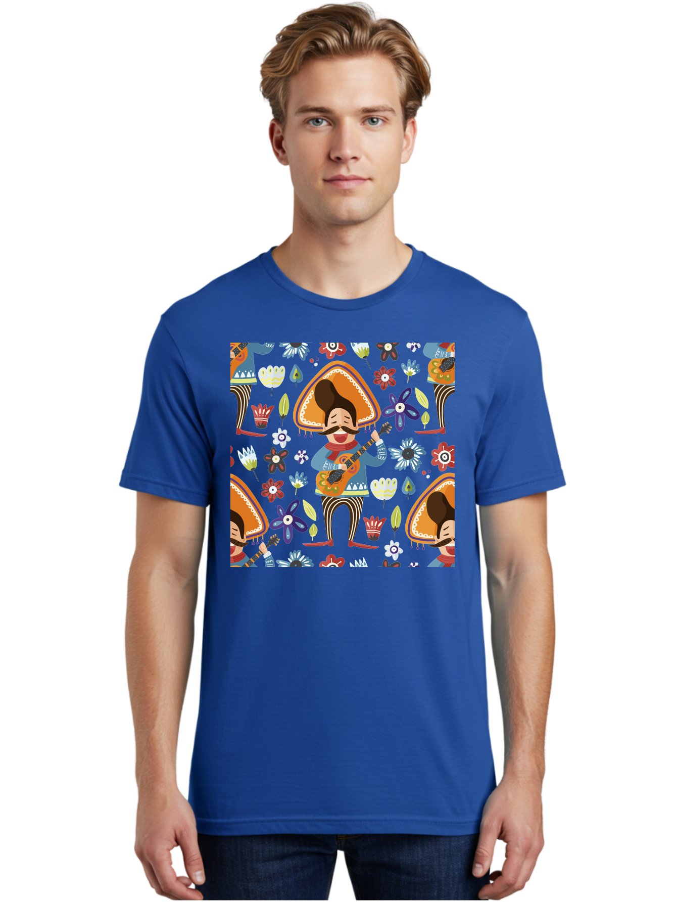 Mexican-Guitarist Men'S Graphic Tee, 100% Cotton, Comfortable Casual Summer Wear, Machine Washable, Mariachi Man Playing Guitar, Sombrero Hat, Mustache, Vibrant Flowers, Festive Atmosphere, Lively Music, Cultural Heritage, - Aaa279 28