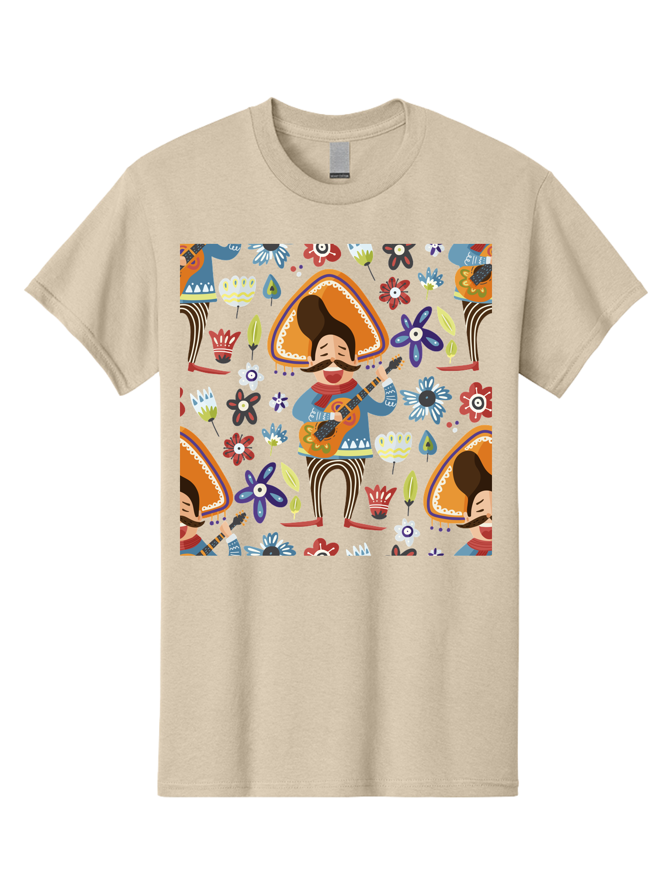 Mexican-Guitarist Men'S Graphic Tee, 100% Cotton, Comfortable Casual Summer Wear, Machine Washable, Mariachi Man Playing Guitar, Sombrero Hat, Mustache, Vibrant Flowers, Festive Atmosphere, Lively Music, Cultural Heritage, - Aaa279 3