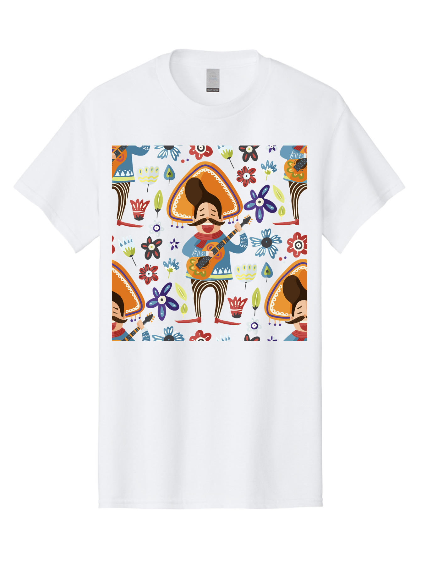 Mexican-Guitarist Men'S Graphic Tee, 100% Cotton, Comfortable Casual Summer Wear, Machine Washable, Mariachi Man Playing Guitar, Sombrero Hat, Mustache, Vibrant Flowers, Festive Atmosphere, Lively Music, Cultural Heritage, - Aaa279 19
