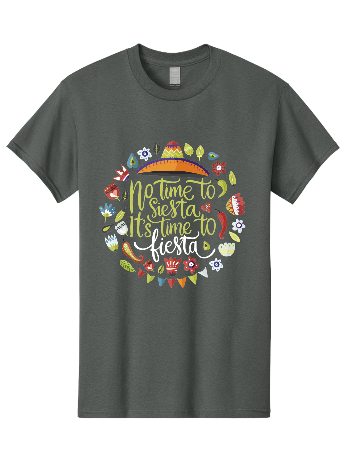 No-Time-To-Siesta-It-S-Time-To-Fiesta Men'S Graphic Tee, 100% Cotton, Comfortable Casual Summer Wear, Machine Washable, Fiesta Theme, Mexican Culture, Vibrant Colors, Party Decorations, Festive Atmosphere, Taco, Chili Pepper, Flowers, - Aaa288 5