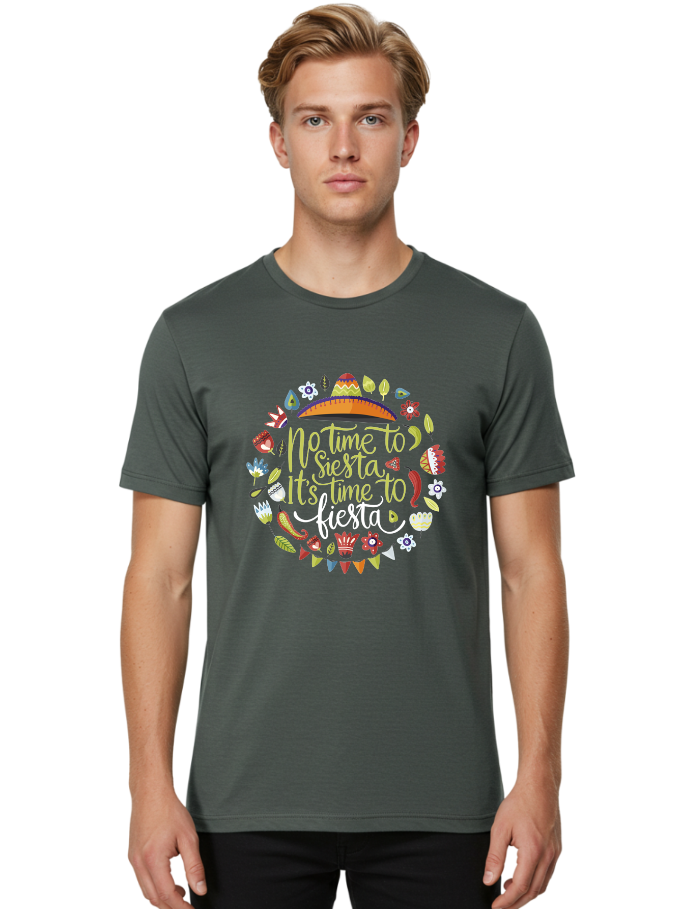 No-Time-To-Siesta-It-S-Time-To-Fiesta Men'S Graphic Tee, 100% Cotton, Comfortable Casual Summer Wear, Machine Washable, Fiesta Theme, Mexican Culture, Vibrant Colors, Party Decorations, Festive Atmosphere, Taco, Chili Pepper, Flowers, - Aaa288 6