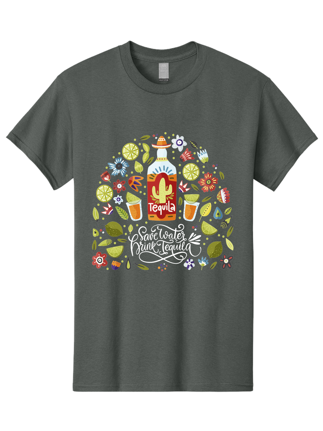 Save-Water-Drink-Tequila Men'S Graphic Tee, 100% Cotton, Comfortable Casual Summer Wear, Machine Washable, Tequila Bottle, Mariachi Inspired Design, Cactus Illustration, Lime Wedges, Citrus Slices, Festive Flowers, Tequila Glasses, - Aaa295 9