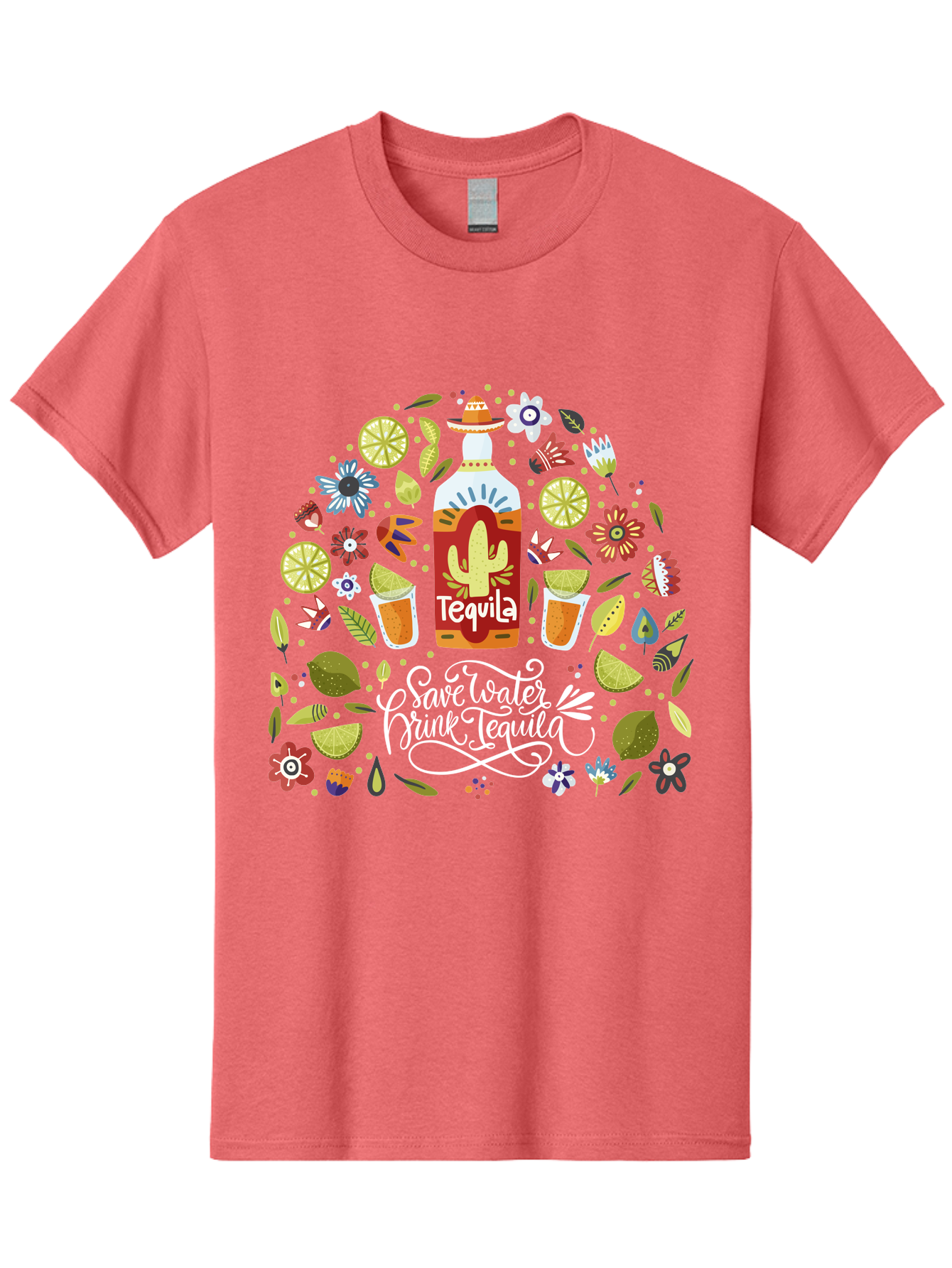 Save-Water-Drink-Tequila Men'S Graphic Tee, 100% Cotton, Comfortable Casual Summer Wear, Machine Washable, Tequila Bottle, Mariachi Inspired Design, Cactus Illustration, Lime Wedges, Citrus Slices, Festive Flowers, Tequila Glasses, - Aaa295 7