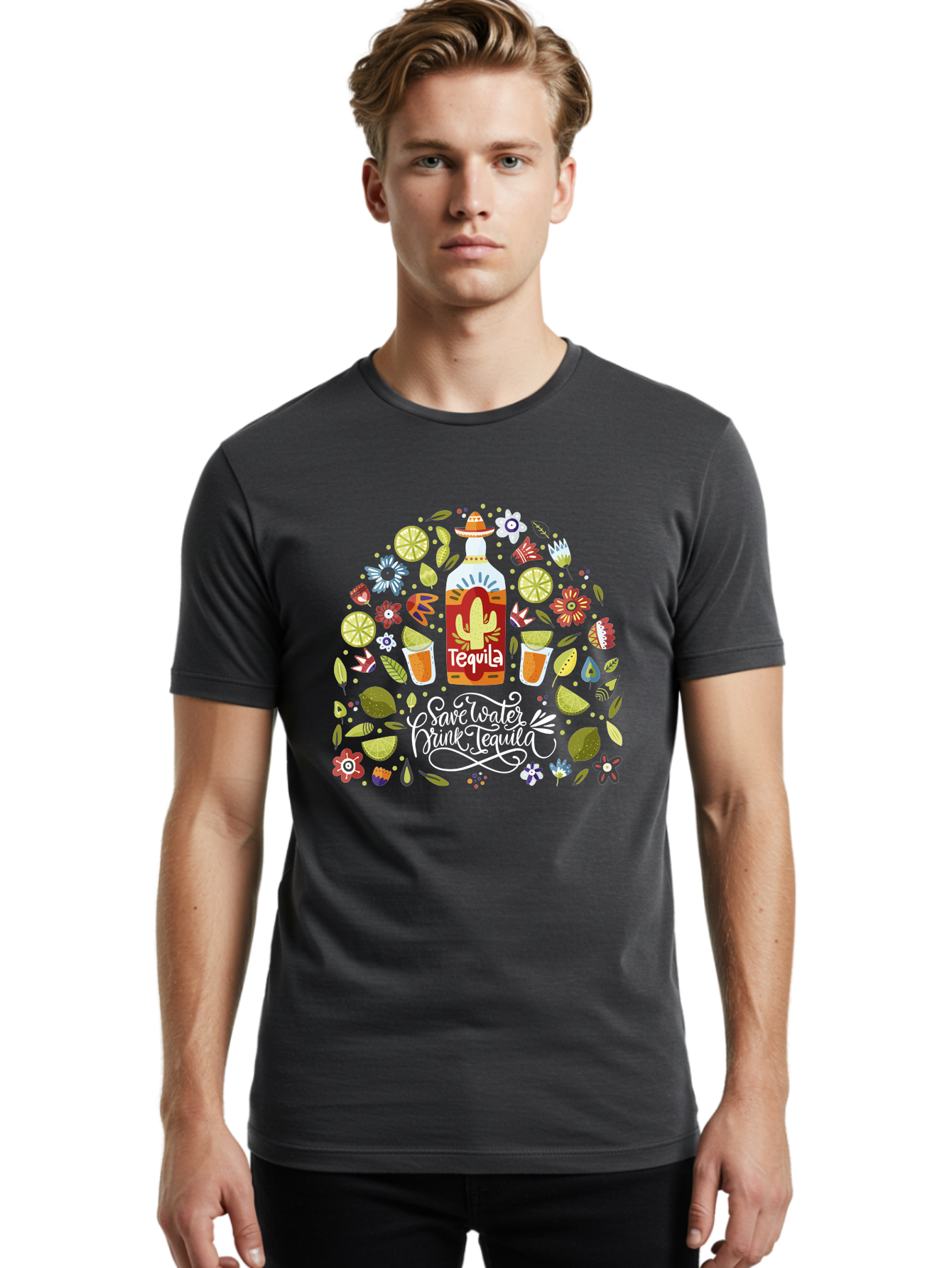Save-Water-Drink-Tequila Men'S Graphic Tee, 100% Cotton, Comfortable Casual Summer Wear, Machine Washable, Tequila Bottle, Mariachi Inspired Design, Cactus Illustration, Lime Wedges, Citrus Slices, Festive Flowers, Tequila Glasses, - Aaa295 30