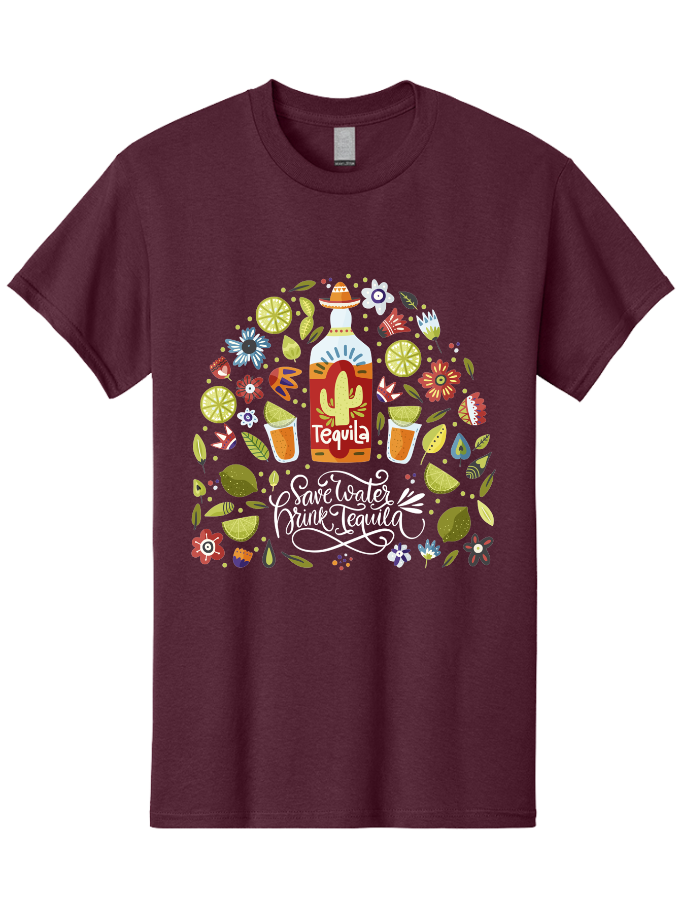 Save-Water-Drink-Tequila Men'S Graphic Tee, 100% Cotton, Comfortable Casual Summer Wear, Machine Washable, Tequila Bottle, Mariachi Inspired Design, Cactus Illustration, Lime Wedges, Citrus Slices, Festive Flowers, Tequila Glasses, - Aaa295 27