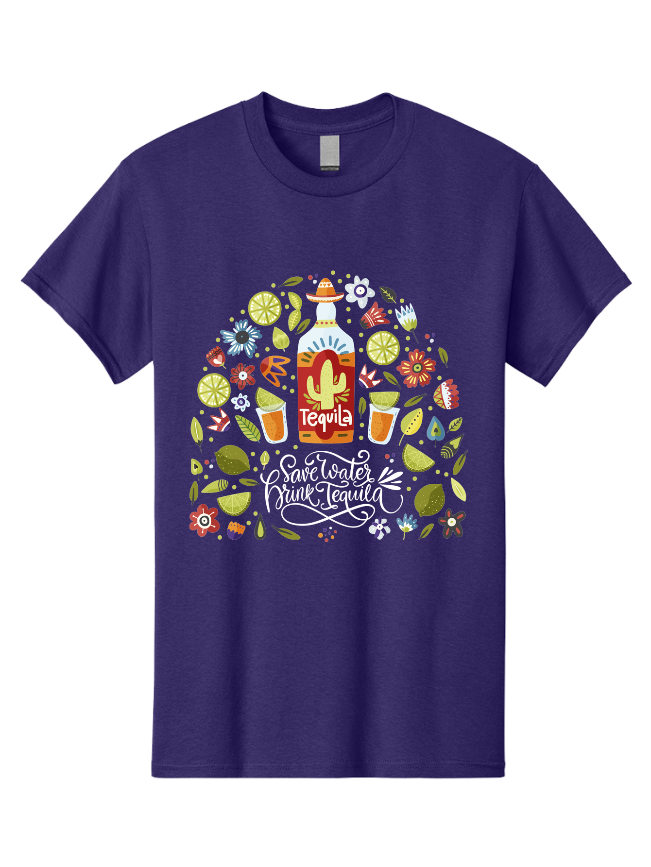 Save-Water-Drink-Tequila Men'S Graphic Tee, 100% Cotton, Comfortable Casual Summer Wear, Machine Washable, Tequila Bottle, Mariachi Inspired Design, Cactus Illustration, Lime Wedges, Citrus Slices, Festive Flowers, Tequila Glasses, - Aaa295 15