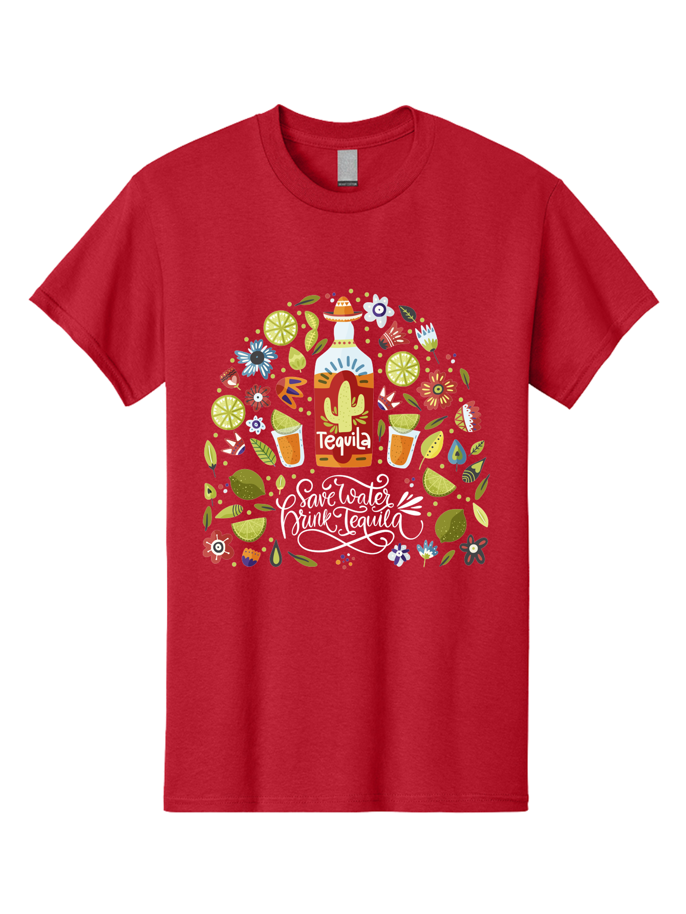 Save-Water-Drink-Tequila Men'S Graphic Tee, 100% Cotton, Comfortable Casual Summer Wear, Machine Washable, Tequila Bottle, Mariachi Inspired Design, Cactus Illustration, Lime Wedges, Citrus Slices, Festive Flowers, Tequila Glasses, - Aaa295 11