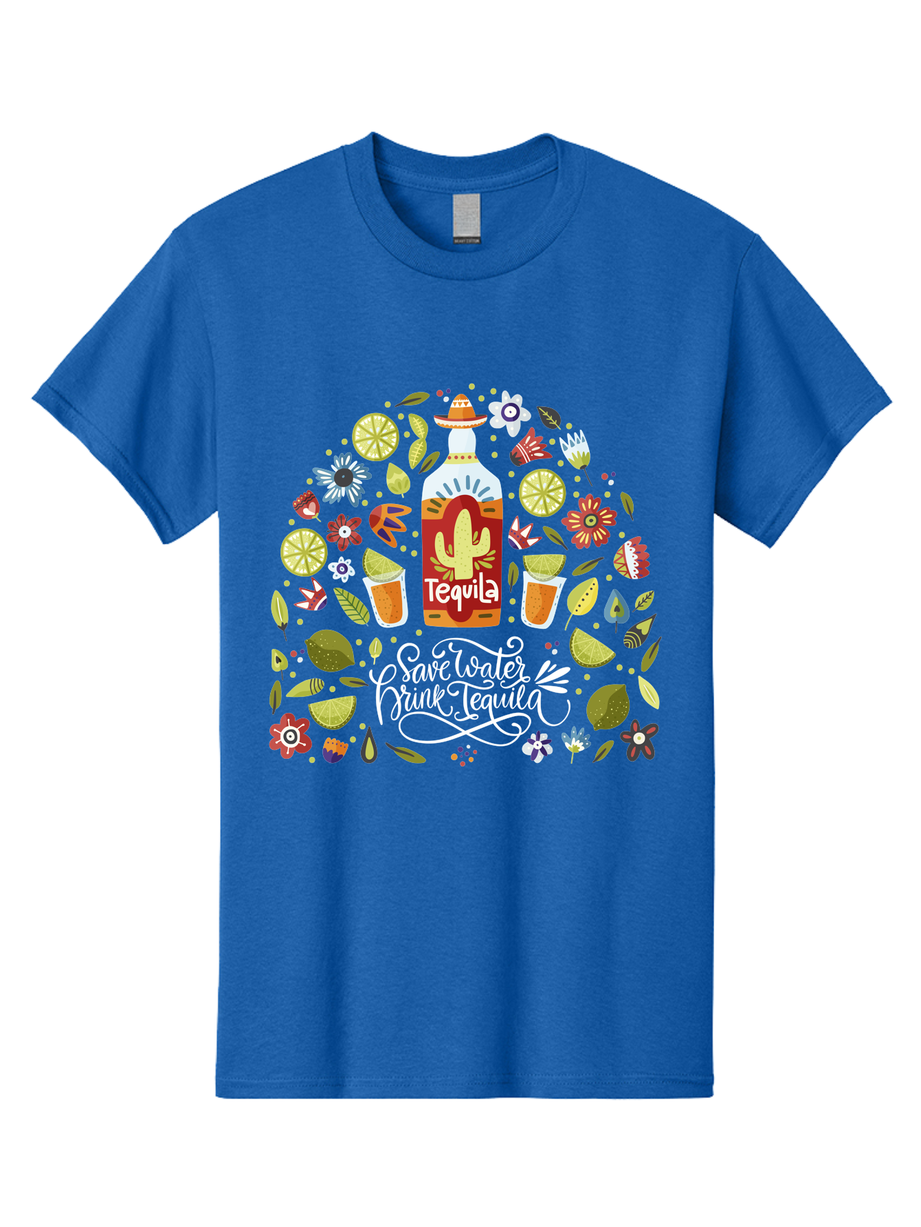 Save-Water-Drink-Tequila Men'S Graphic Tee, 100% Cotton, Comfortable Casual Summer Wear, Machine Washable, Tequila Bottle, Mariachi Inspired Design, Cactus Illustration, Lime Wedges, Citrus Slices, Festive Flowers, Tequila Glasses, - Aaa295 25
