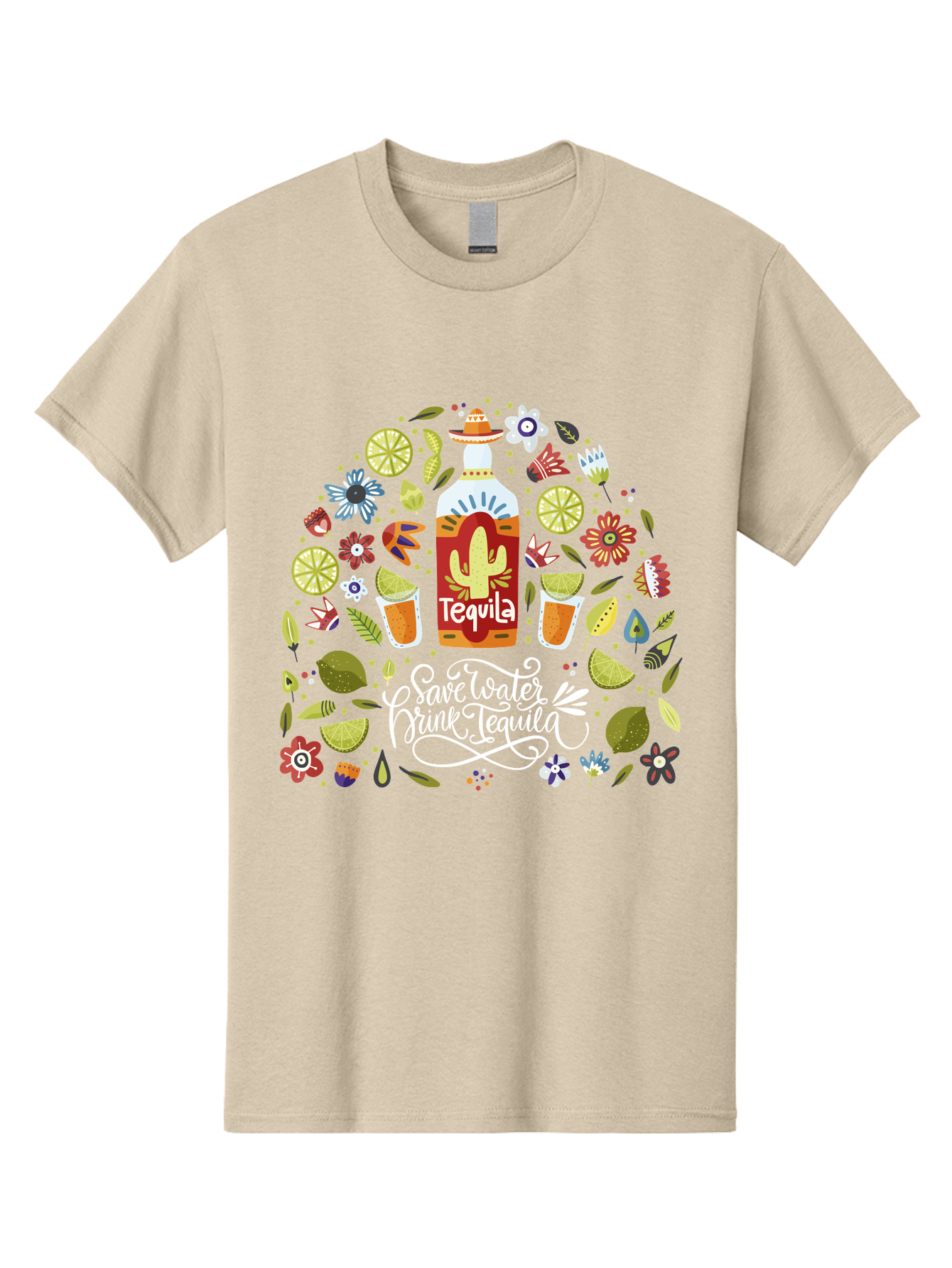 Save-Water-Drink-Tequila Men'S Graphic Tee, 100% Cotton, Comfortable Casual Summer Wear, Machine Washable, Tequila Bottle, Mariachi Inspired Design, Cactus Illustration, Lime Wedges, Citrus Slices, Festive Flowers, Tequila Glasses, - Aaa295 21