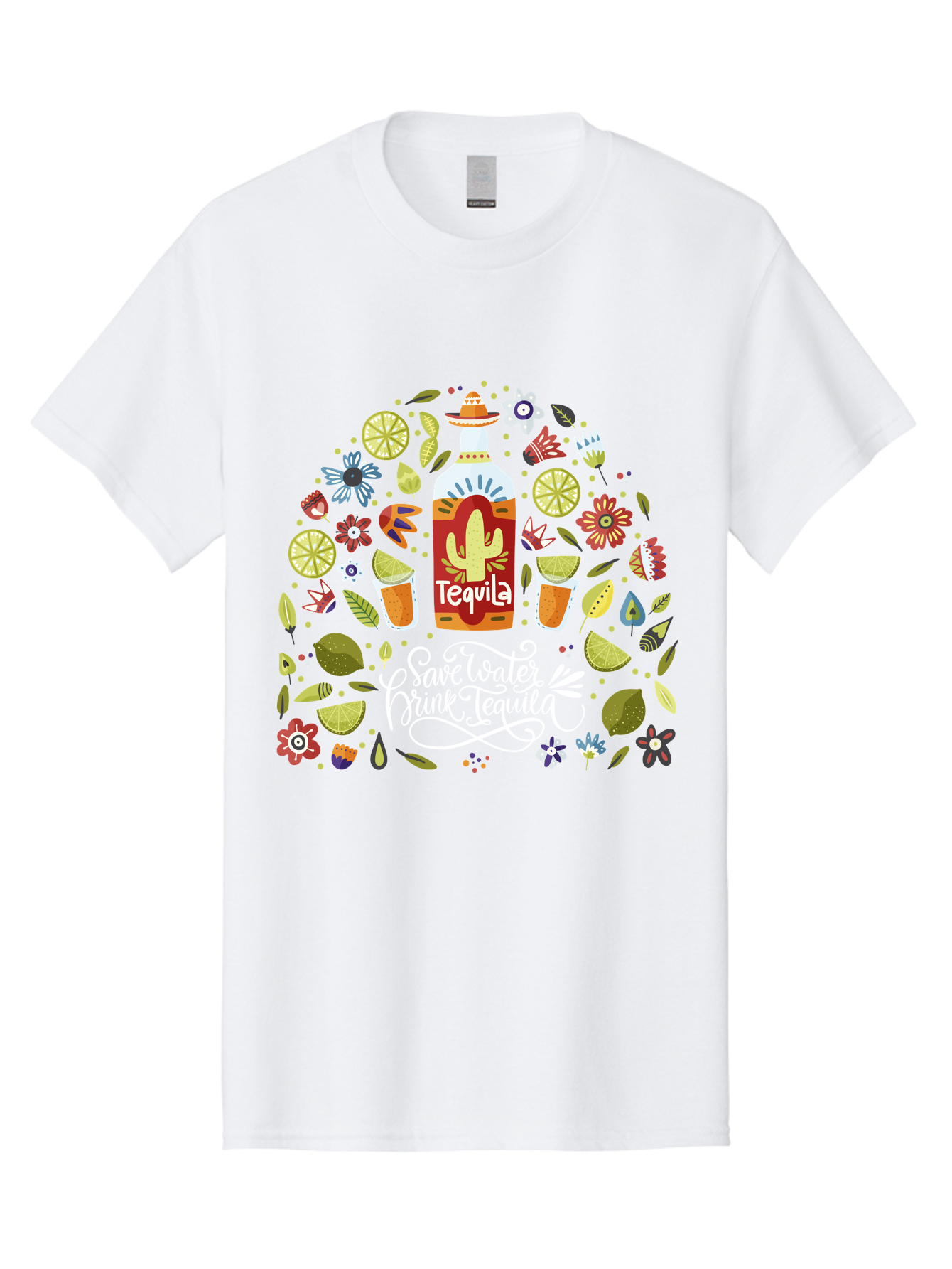 Save-Water-Drink-Tequila Men'S Graphic Tee, 100% Cotton, Comfortable Casual Summer Wear, Machine Washable, Tequila Bottle, Mariachi Inspired Design, Cactus Illustration, Lime Wedges, Citrus Slices, Festive Flowers, Tequila Glasses, - Aaa295 17