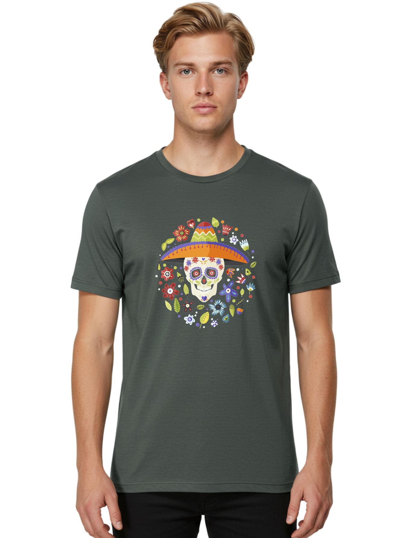 Sugar-Skull-1 Men'S Graphic Tee, 100% Cotton, Comfortable Casual Summer Wear, Machine Washable, Sugar Skull, Dia De Los Muertos, Day Of The Dead, Sombrero, Floral Decorations, Vibrant Colors, Mexican Culture, Festive Atmosphere, - Aaa298 8