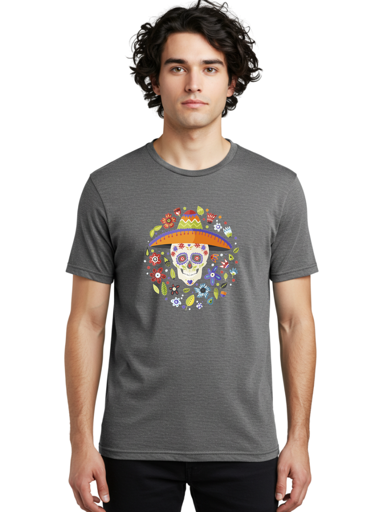 Sugar-Skull-1 Men'S Graphic Tee, 100% Cotton, Comfortable Casual Summer Wear, Machine Washable, Sugar Skull, Dia De Los Muertos, Day Of The Dead, Sombrero, Floral Decorations, Vibrant Colors, Mexican Culture, Festive Atmosphere, - Aaa298 16