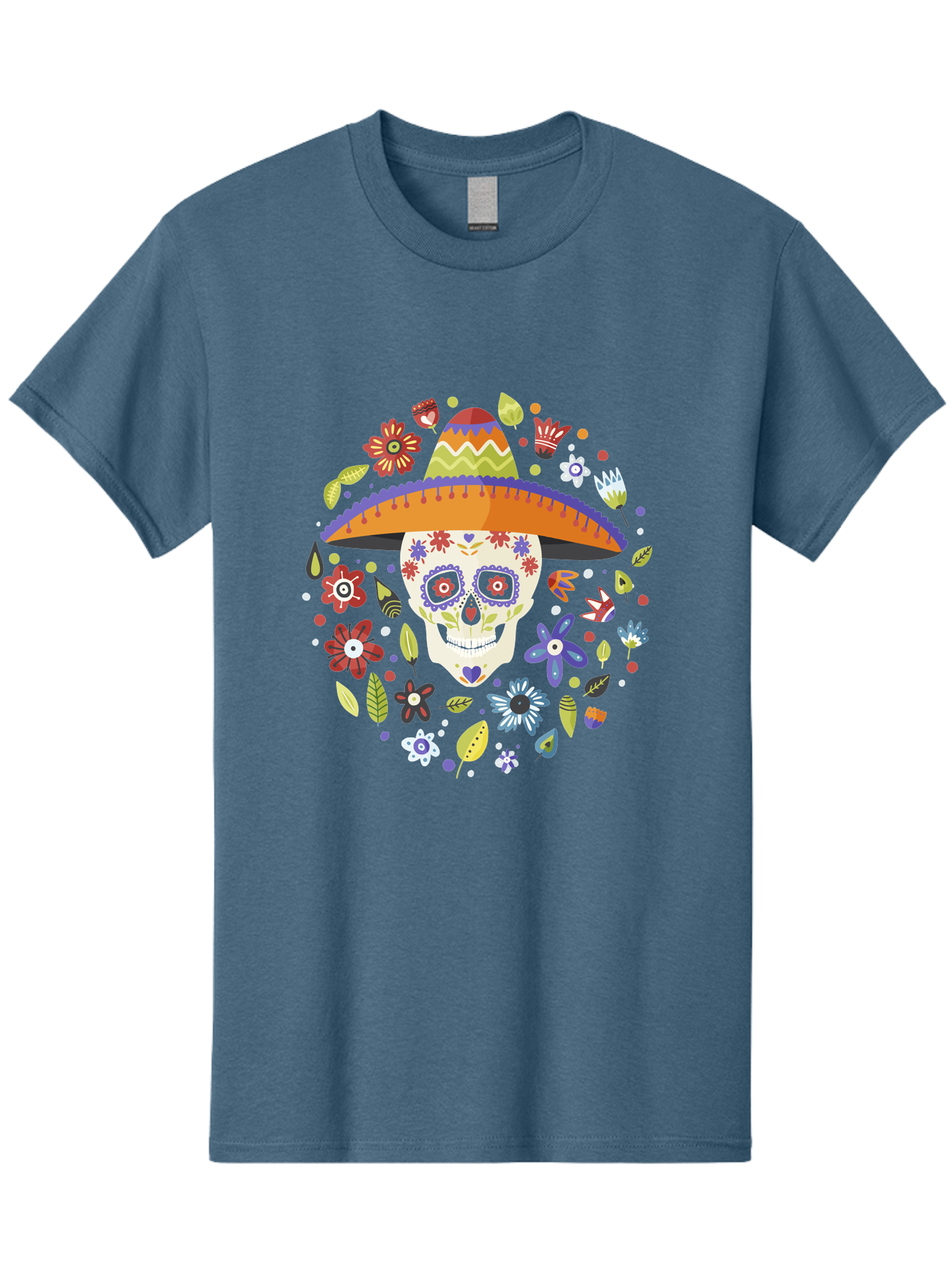 Sugar-Skull-1 Men'S Graphic Tee, 100% Cotton, Comfortable Casual Summer Wear, Machine Washable, Sugar Skull, Dia De Los Muertos, Day Of The Dead, Sombrero, Floral Decorations, Vibrant Colors, Mexican Culture, Festive Atmosphere, - Aaa298 1