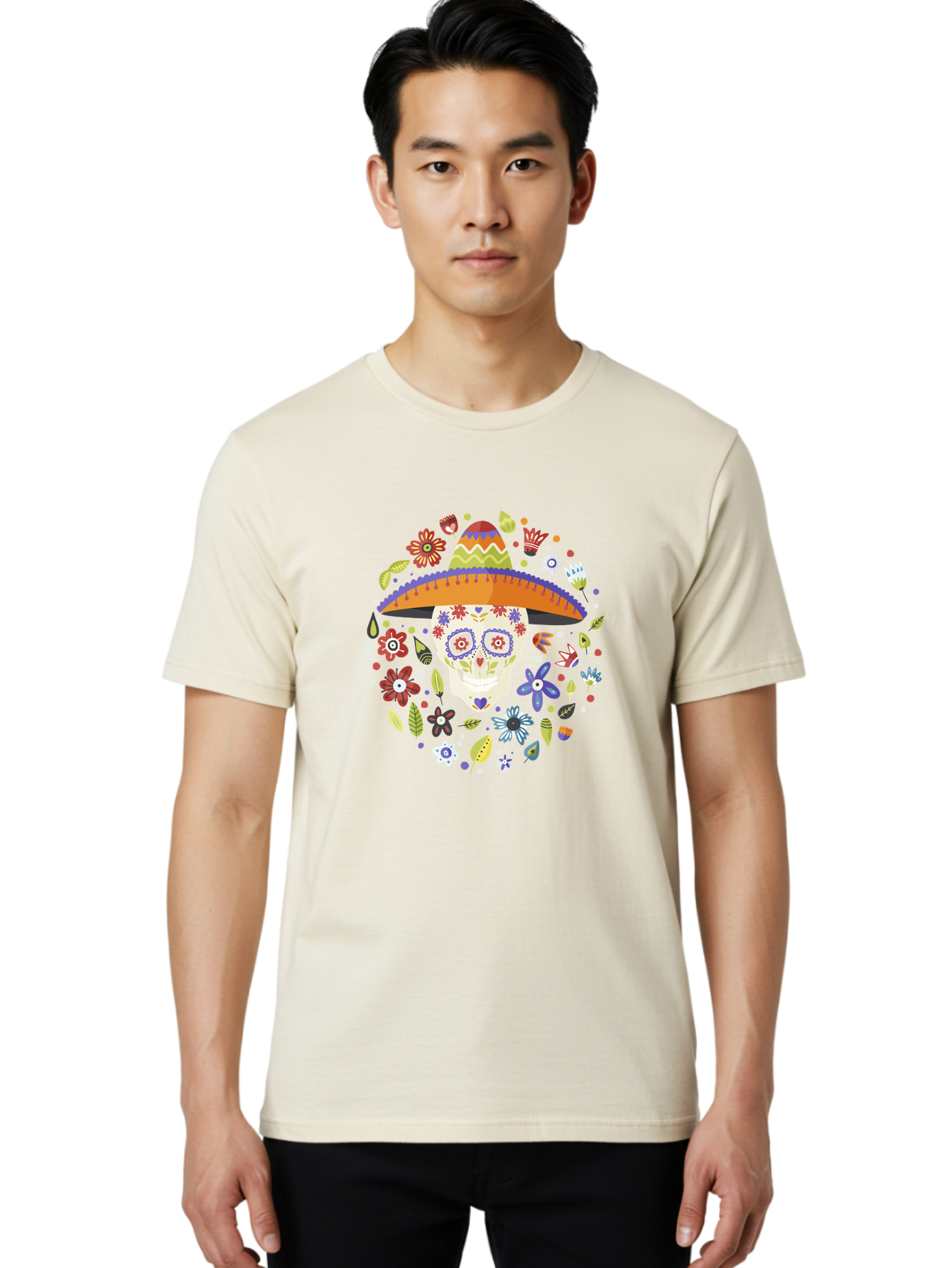 Sugar-Skull-1 Men'S Graphic Tee, 100% Cotton, Comfortable Casual Summer Wear, Machine Washable, Sugar Skull, Dia De Los Muertos, Day Of The Dead, Sombrero, Floral Decorations, Vibrant Colors, Mexican Culture, Festive Atmosphere, - Aaa298 14