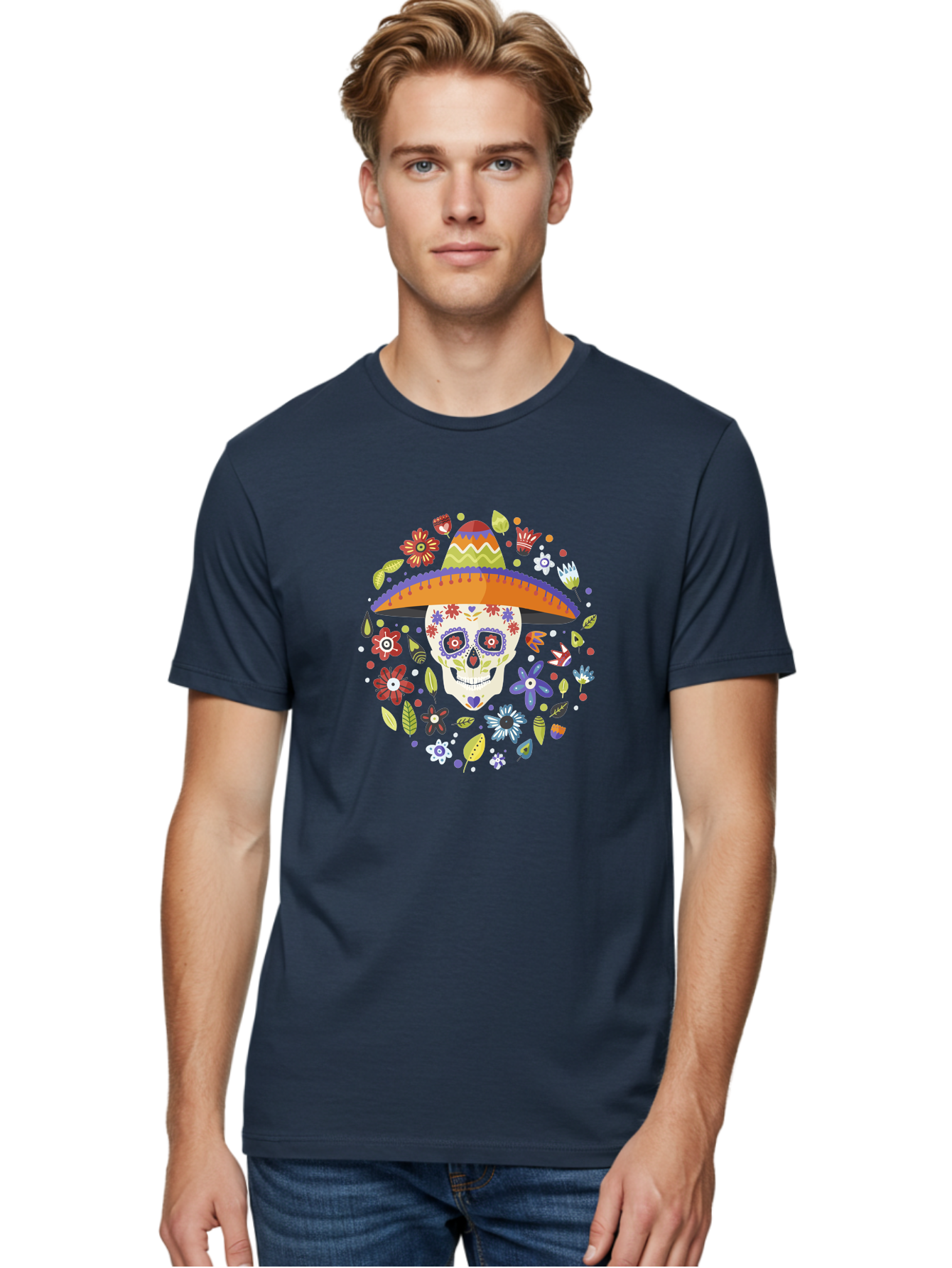 Sugar-Skull-1 Men'S Graphic Tee, 100% Cotton, Comfortable Casual Summer Wear, Machine Washable, Sugar Skull, Dia De Los Muertos, Day Of The Dead, Sombrero, Floral Decorations, Vibrant Colors, Mexican Culture, Festive Atmosphere, - Aaa298 4