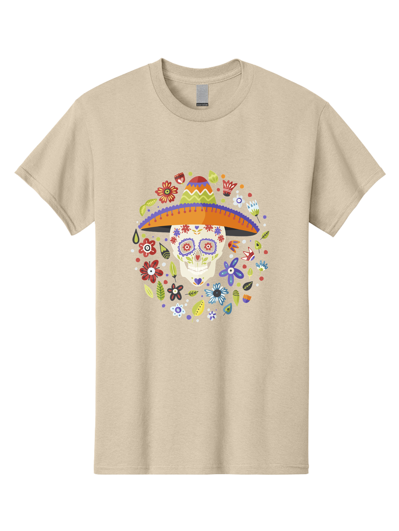 Sugar-Skull-1 Men'S Graphic Tee, 100% Cotton, Comfortable Casual Summer Wear, Machine Washable, Sugar Skull, Dia De Los Muertos, Day Of The Dead, Sombrero, Floral Decorations, Vibrant Colors, Mexican Culture, Festive Atmosphere, - Aaa298 5