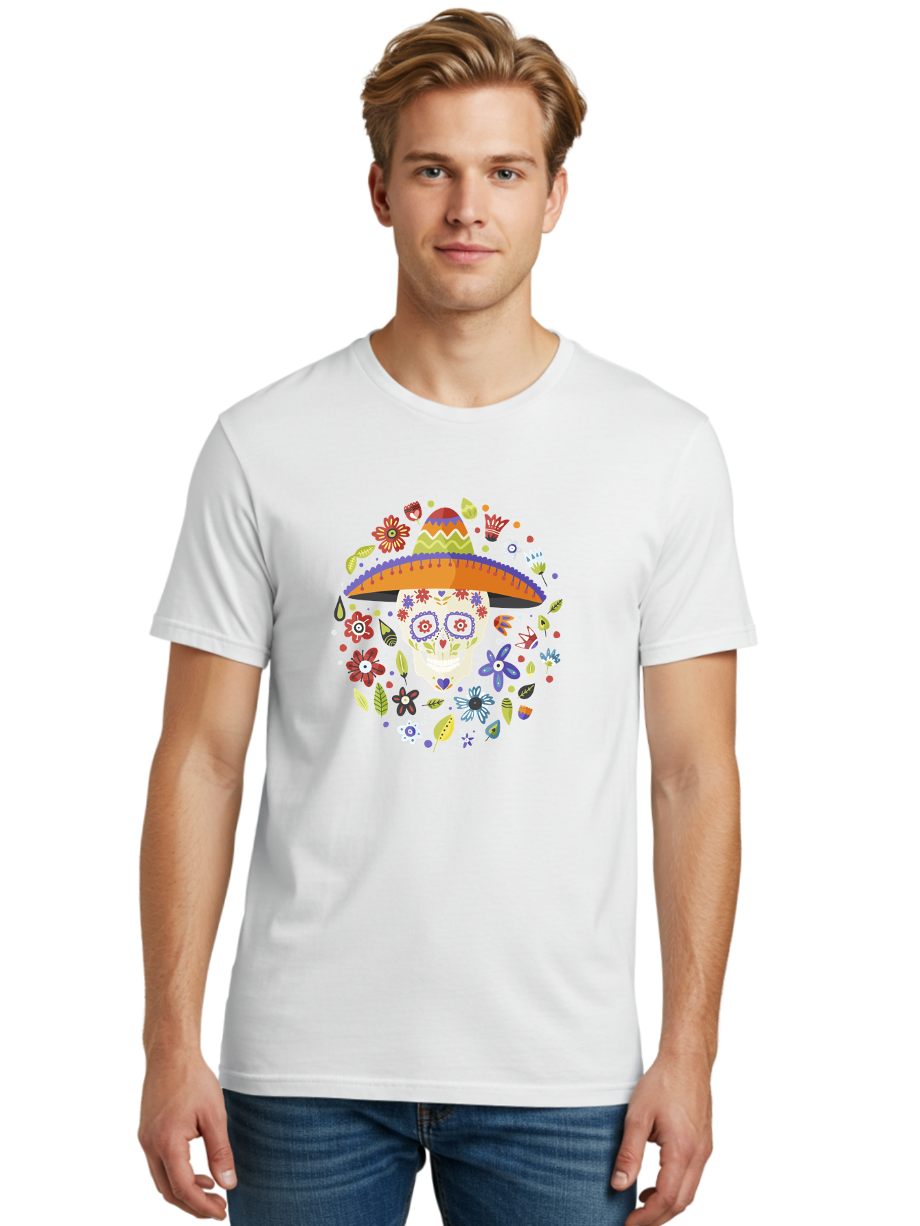Sugar-Skull-1 Men'S Graphic Tee, 100% Cotton, Comfortable Casual Summer Wear, Machine Washable, Sugar Skull, Dia De Los Muertos, Day Of The Dead, Sombrero, Floral Decorations, Vibrant Colors, Mexican Culture, Festive Atmosphere, - Aaa298 18
