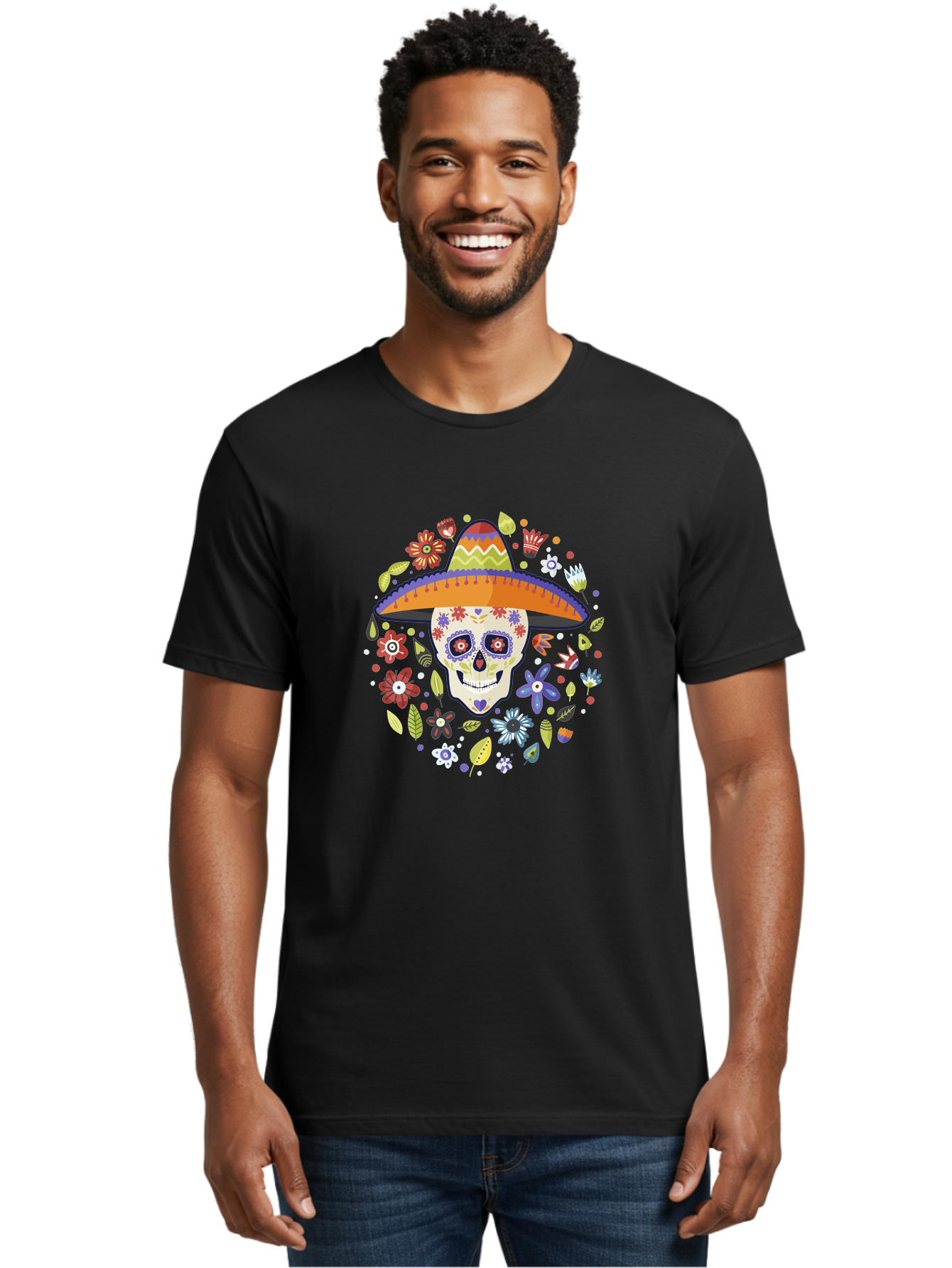 Sugar-Skull Men'S Graphic Tee, 100% Cotton, Comfortable Casual Summer Wear, Machine Washable, Sugar Skull, Day Of The Dead, Dia De Los Muertos, Mexican Culture, Colorful Flowers, Sombrero Hat, Floral Decorations, Vibrant Colors, - Aaa299 12