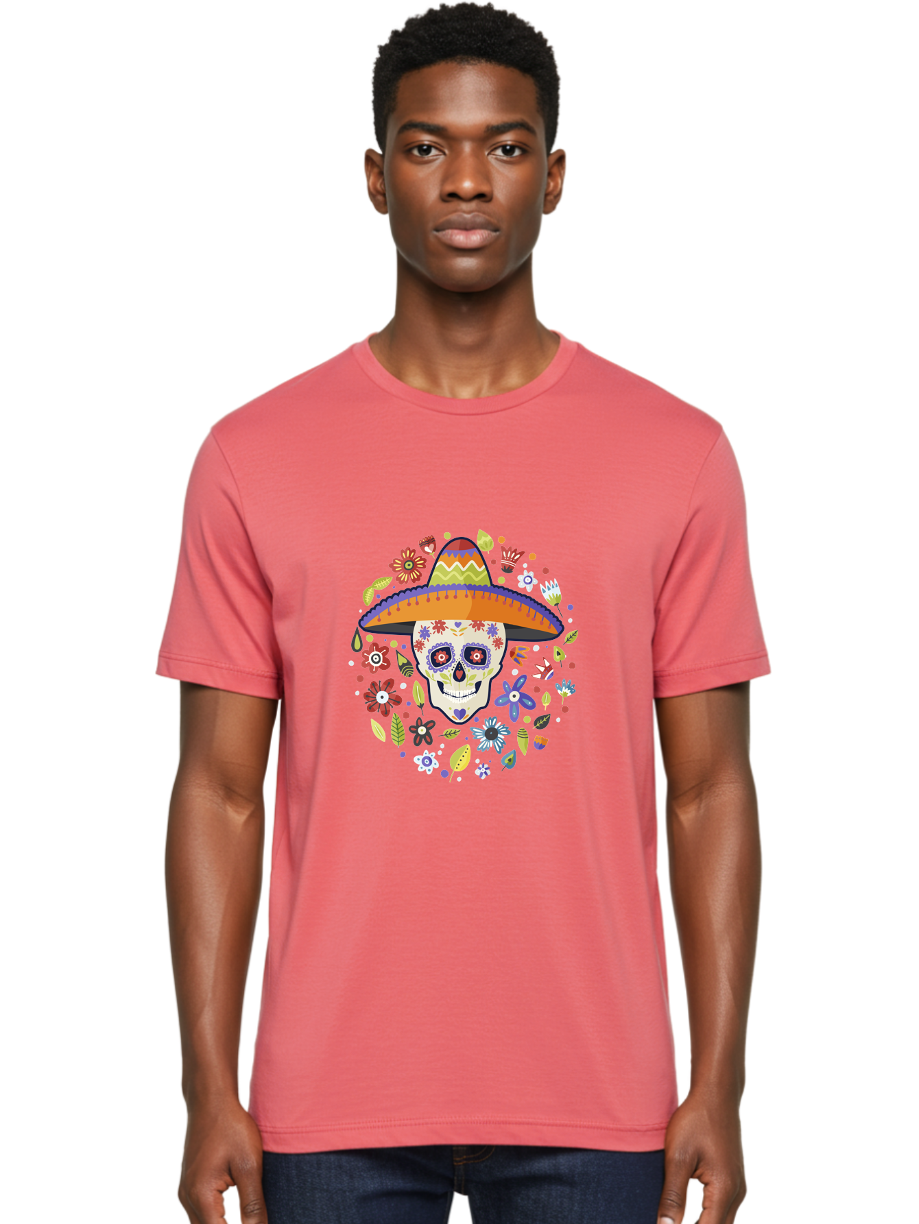 Sugar-Skull Men'S Graphic Tee, 100% Cotton, Comfortable Casual Summer Wear, Machine Washable, Sugar Skull, Day Of The Dead, Dia De Los Muertos, Mexican Culture, Colorful Flowers, Sombrero Hat, Floral Decorations, Vibrant Colors, - Aaa299 8