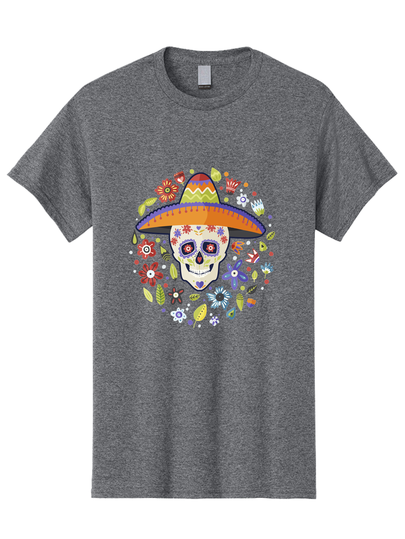 Sugar-Skull Men'S Graphic Tee, 100% Cotton, Comfortable Casual Summer Wear, Machine Washable, Sugar Skull, Day Of The Dead, Dia De Los Muertos, Mexican Culture, Colorful Flowers, Sombrero Hat, Floral Decorations, Vibrant Colors, - Aaa299 1
