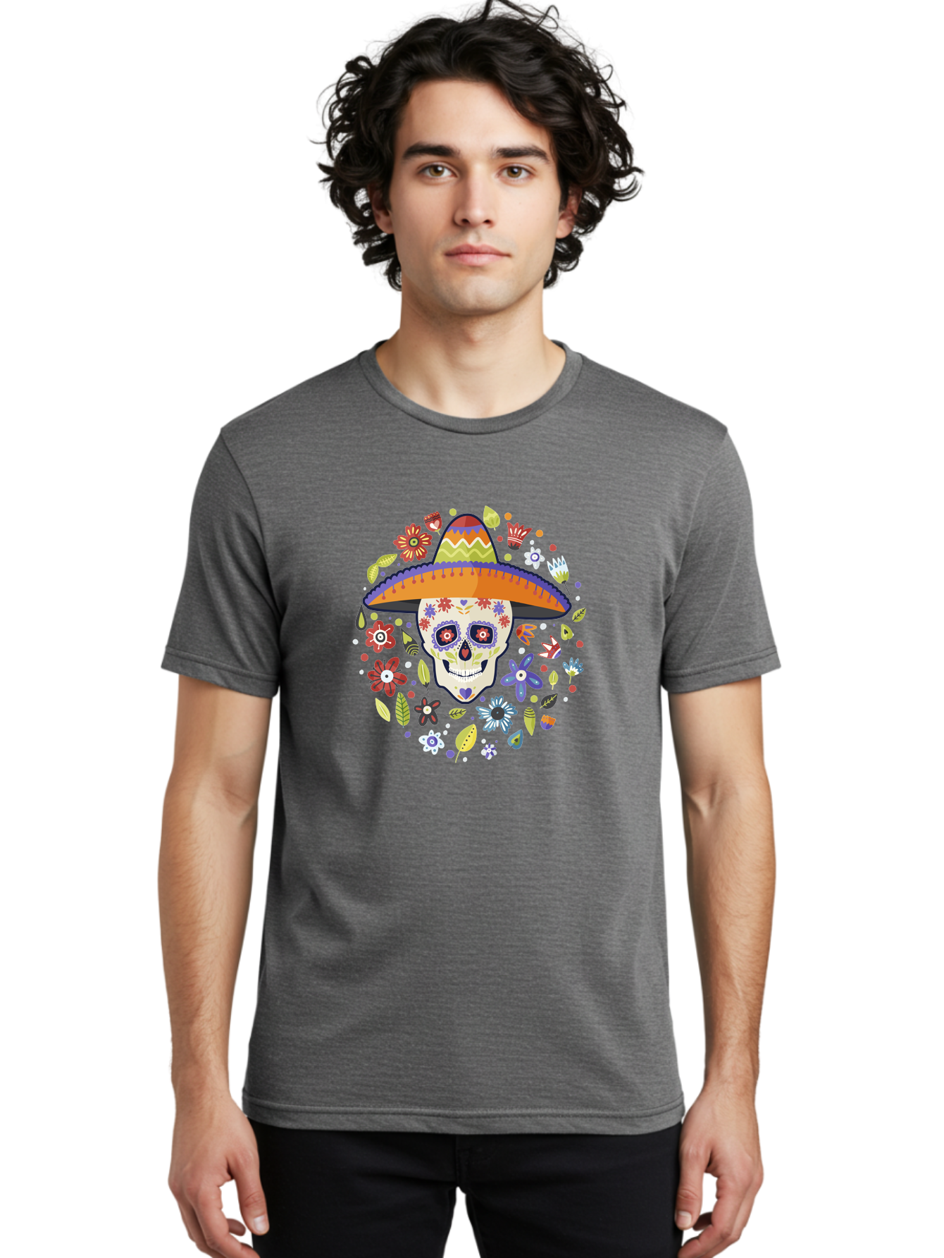Sugar-Skull Men'S Graphic Tee, 100% Cotton, Comfortable Casual Summer Wear, Machine Washable, Sugar Skull, Day Of The Dead, Dia De Los Muertos, Mexican Culture, Colorful Flowers, Sombrero Hat, Floral Decorations, Vibrant Colors, - Aaa299 2