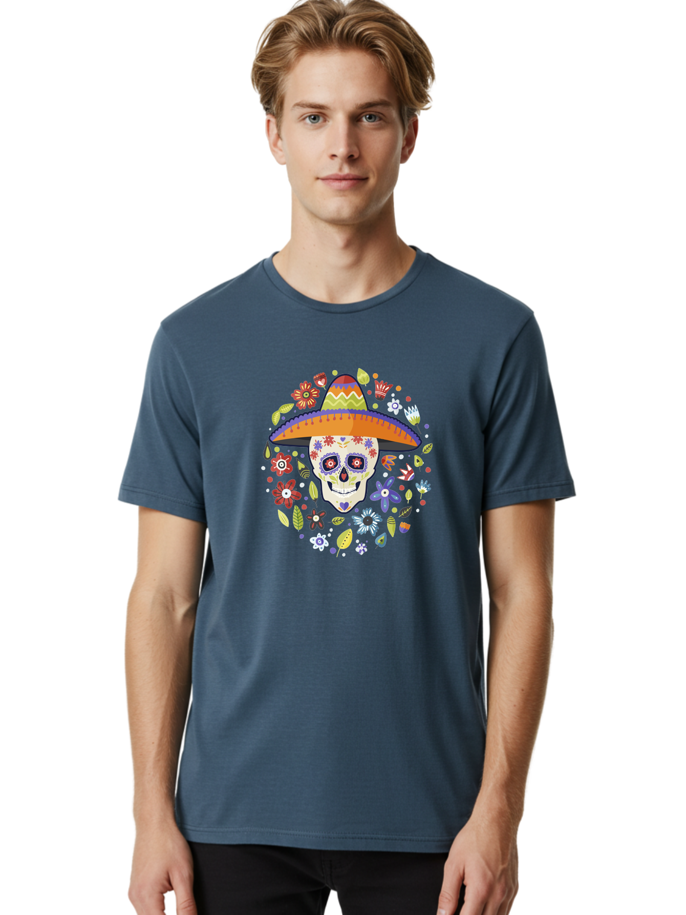 Sugar-Skull Men'S Graphic Tee, 100% Cotton, Comfortable Casual Summer Wear, Machine Washable, Sugar Skull, Day Of The Dead, Dia De Los Muertos, Mexican Culture, Colorful Flowers, Sombrero Hat, Floral Decorations, Vibrant Colors, - Aaa299 28