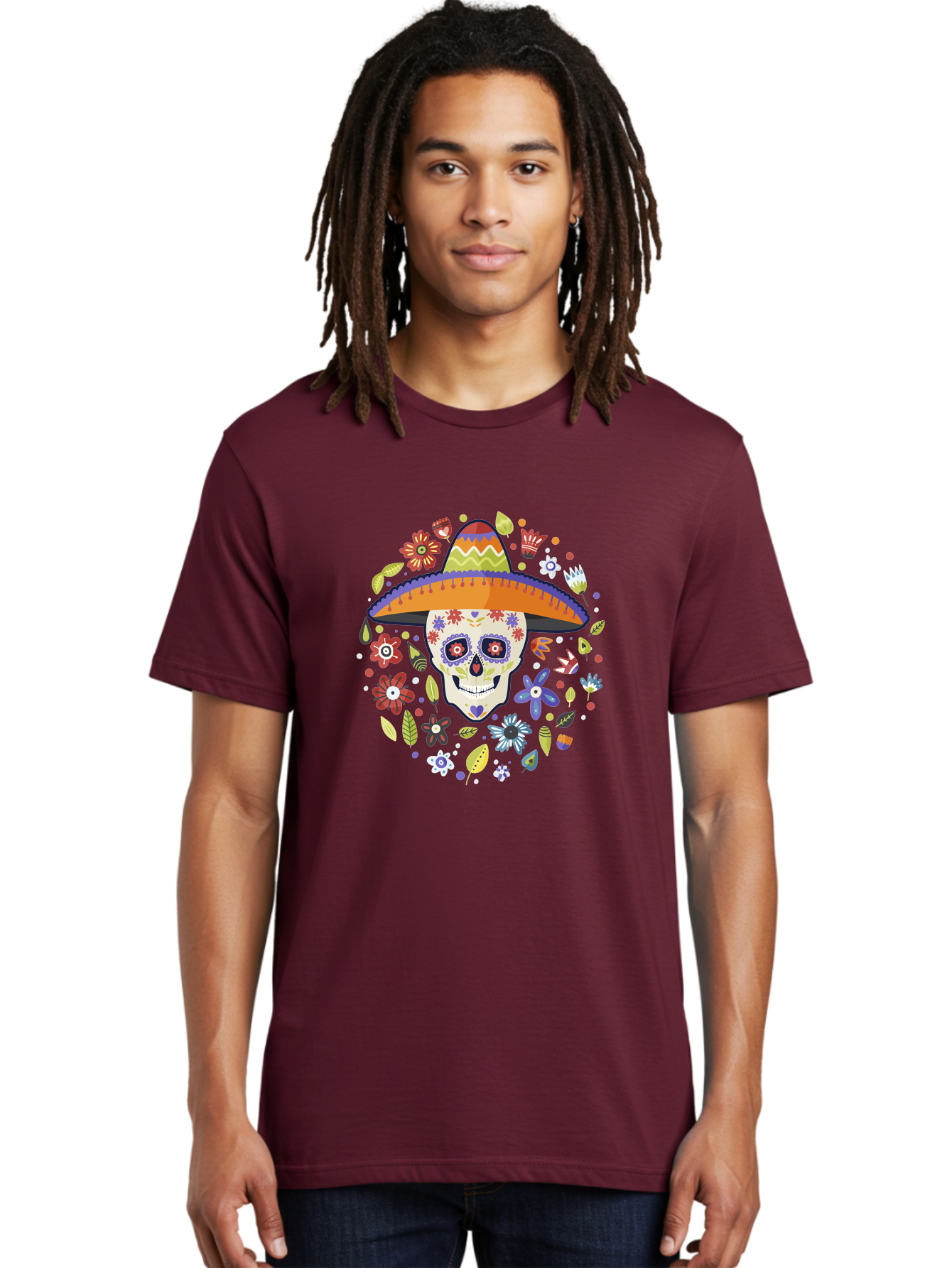 Sugar-Skull Men'S Graphic Tee, 100% Cotton, Comfortable Casual Summer Wear, Machine Washable, Sugar Skull, Day Of The Dead, Dia De Los Muertos, Mexican Culture, Colorful Flowers, Sombrero Hat, Floral Decorations, Vibrant Colors, - Aaa299 24