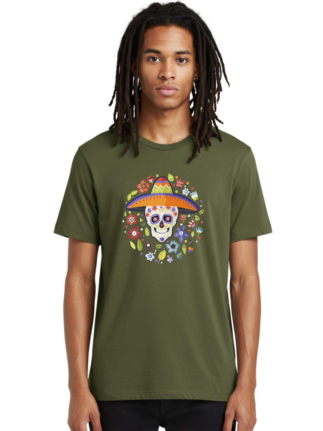 Sugar-Skull Men'S Graphic Tee, 100% Cotton, Comfortable Casual Summer Wear, Machine Washable, Sugar Skull, Day Of The Dead, Dia De Los Muertos, Mexican Culture, Colorful Flowers, Sombrero Hat, Floral Decorations, Vibrant Colors, - Aaa299 26