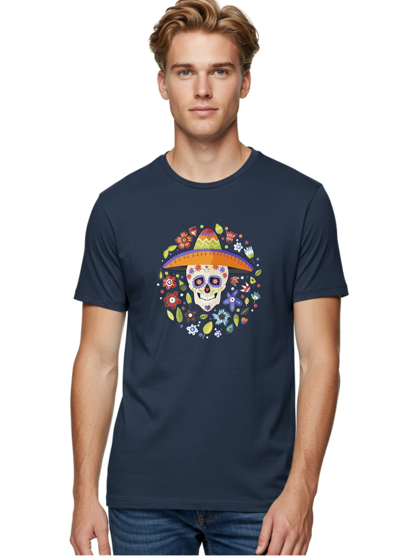Sugar-Skull Men'S Graphic Tee, 100% Cotton, Comfortable Casual Summer Wear, Machine Washable, Sugar Skull, Day Of The Dead, Dia De Los Muertos, Mexican Culture, Colorful Flowers, Sombrero Hat, Floral Decorations, Vibrant Colors, - Aaa299 10