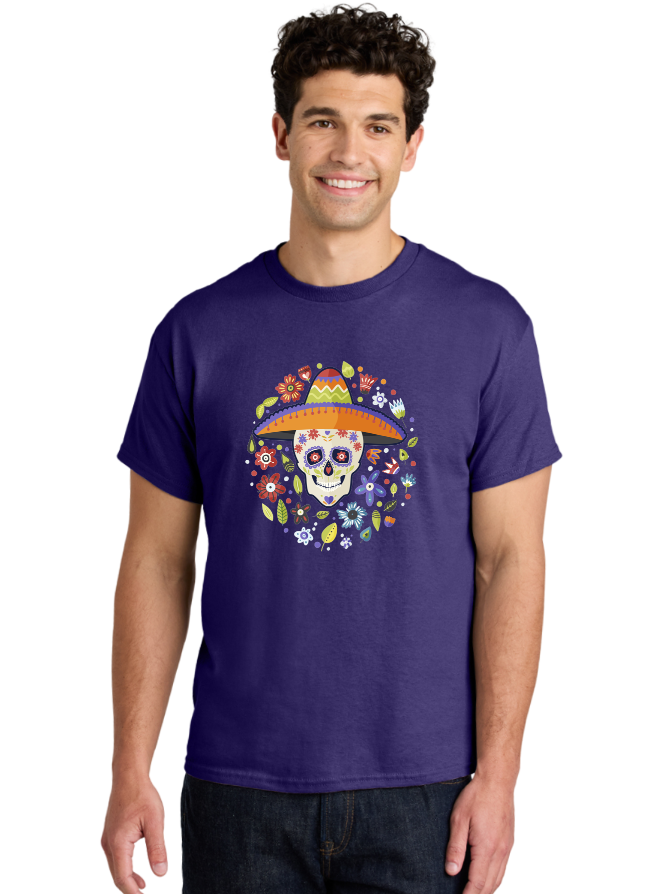 Sugar-Skull Men'S Graphic Tee, 100% Cotton, Comfortable Casual Summer Wear, Machine Washable, Sugar Skull, Day Of The Dead, Dia De Los Muertos, Mexican Culture, Colorful Flowers, Sombrero Hat, Floral Decorations, Vibrant Colors, - Aaa299 4