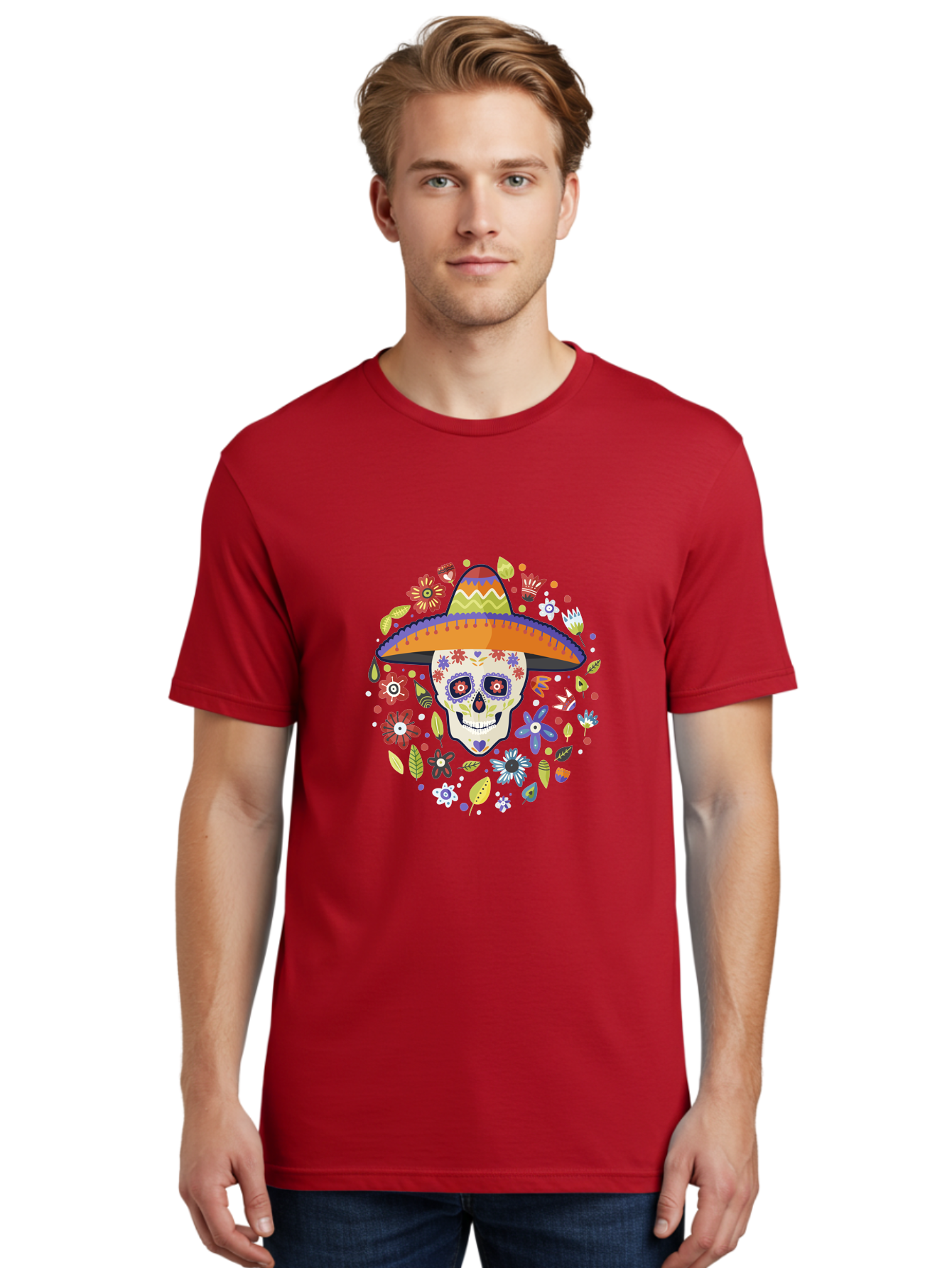 Sugar-Skull Men'S Graphic Tee, 100% Cotton, Comfortable Casual Summer Wear, Machine Washable, Sugar Skull, Day Of The Dead, Dia De Los Muertos, Mexican Culture, Colorful Flowers, Sombrero Hat, Floral Decorations, Vibrant Colors, - Aaa299 14