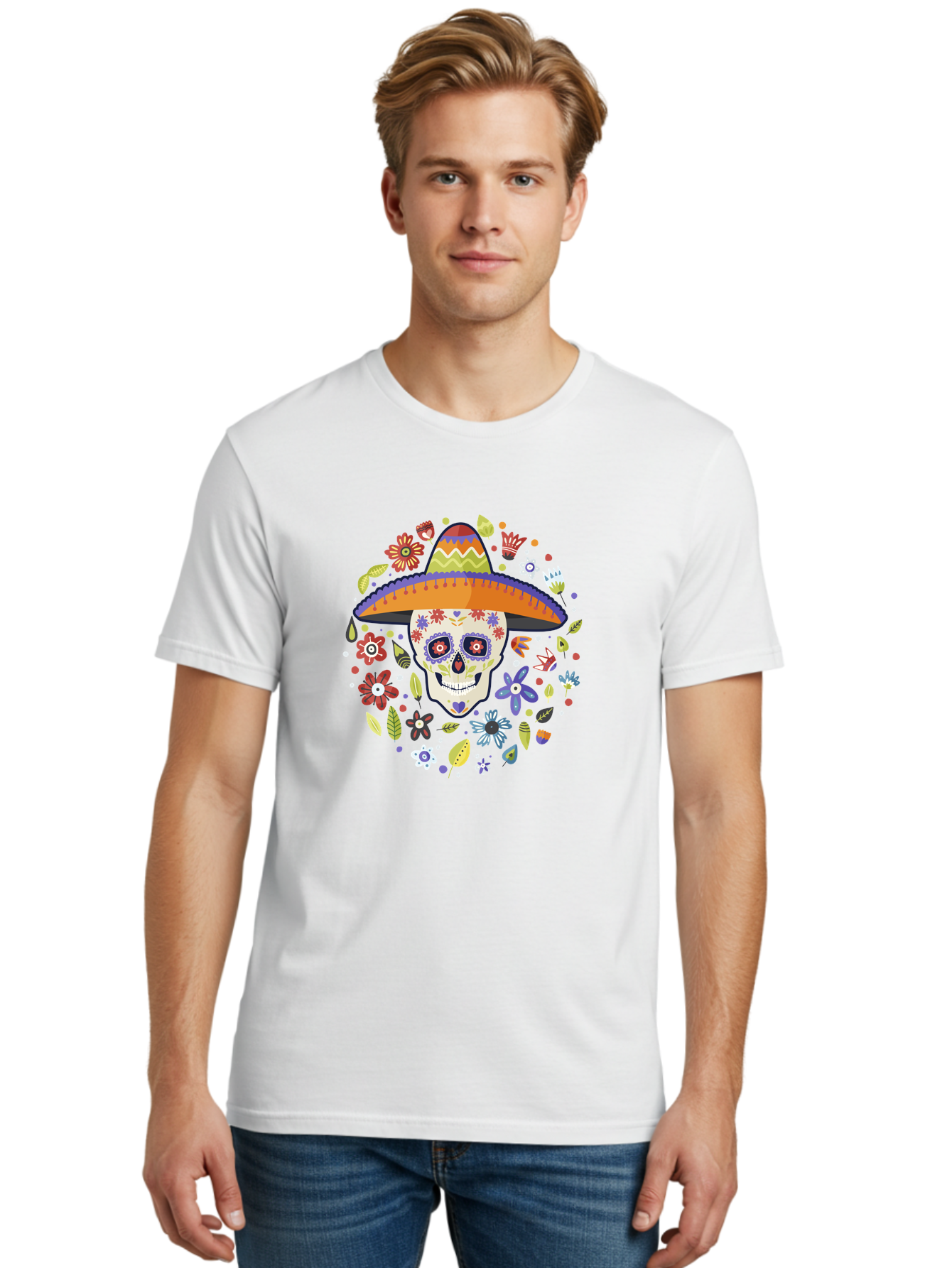 Sugar-Skull Men'S Graphic Tee, 100% Cotton, Comfortable Casual Summer Wear, Machine Washable, Sugar Skull, Day Of The Dead, Dia De Los Muertos, Mexican Culture, Colorful Flowers, Sombrero Hat, Floral Decorations, Vibrant Colors, - Aaa299 30