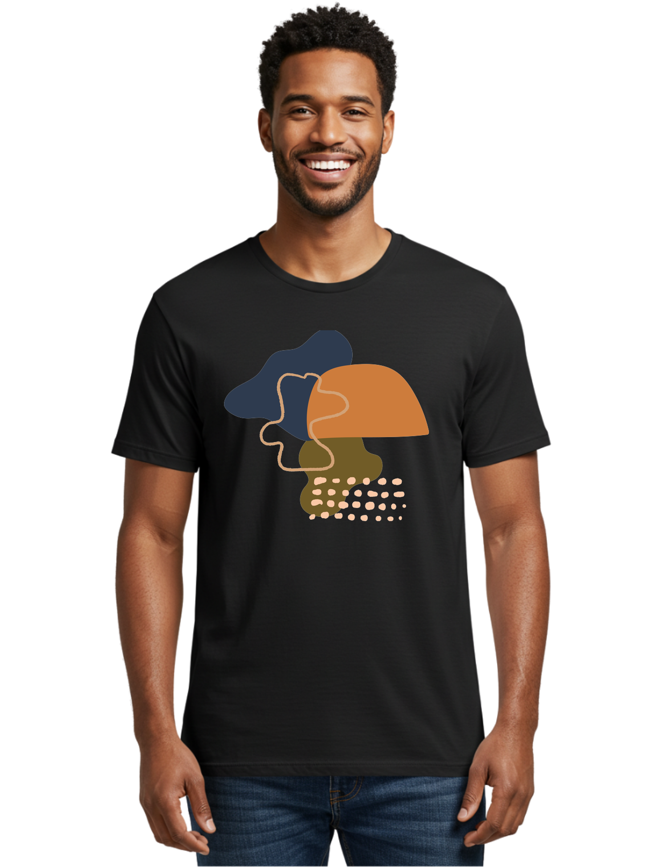Abstract-Shapes-3 Men'S Graphic Tee, 100% Cotton, Comfortable Casual Summer Wear, Machine Washable, Abstract Shapes, Modern Art, Digital Illustration, Wavy Line, Layered Forms, Blue, Orange, Brown Colors, Minimalist Design, - Aaa355 2