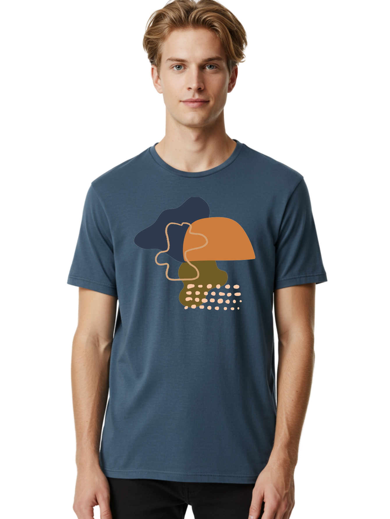 Abstract-Shapes-3 Men'S Graphic Tee, 100% Cotton, Comfortable Casual Summer Wear, Machine Washable, Abstract Shapes, Modern Art, Digital Illustration, Wavy Line, Layered Forms, Blue, Orange, Brown Colors, Minimalist Design, - Aaa355 4