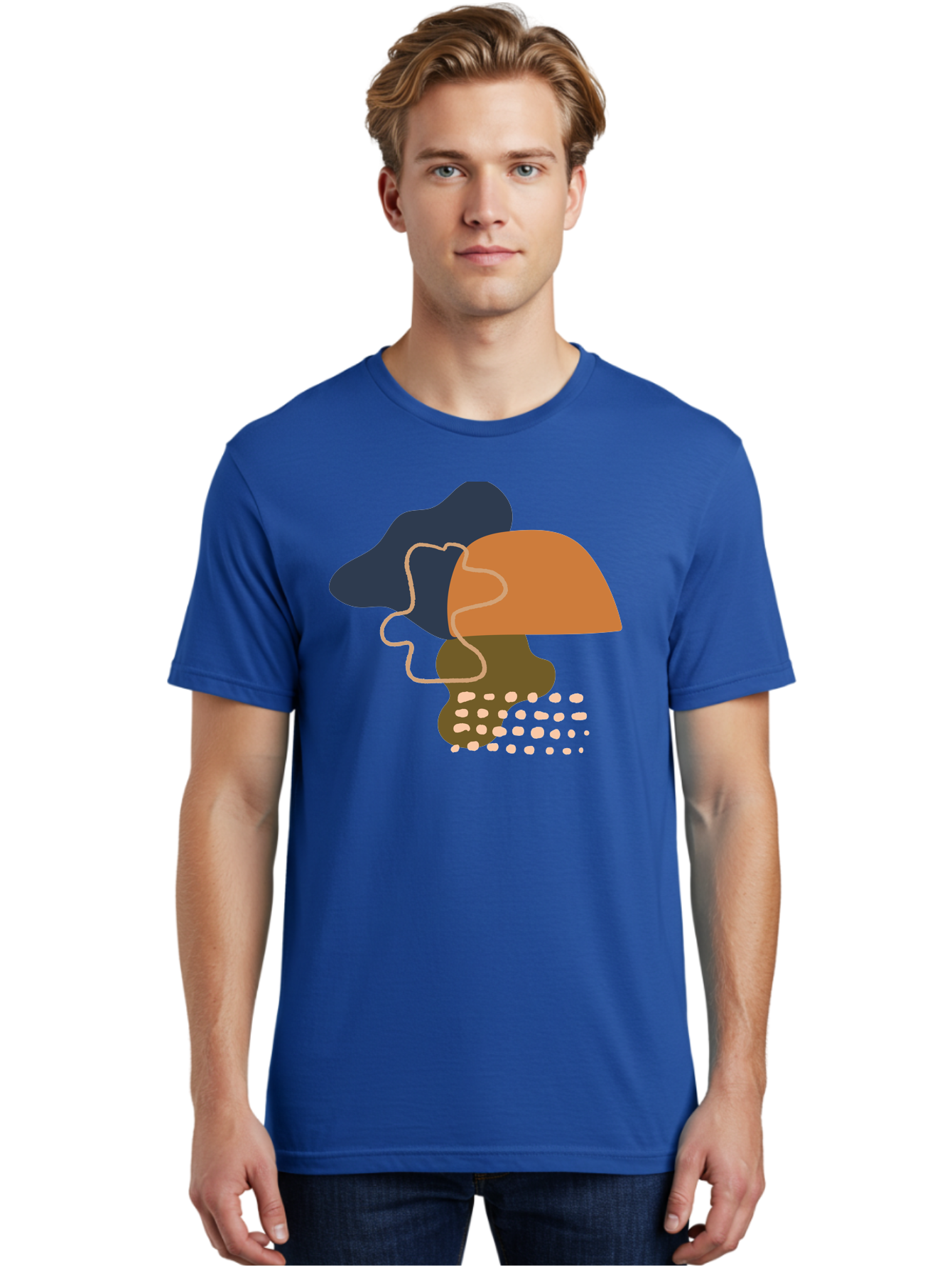 Abstract-Shapes-3 Men'S Graphic Tee, 100% Cotton, Comfortable Casual Summer Wear, Machine Washable, Abstract Shapes, Modern Art, Digital Illustration, Wavy Line, Layered Forms, Blue, Orange, Brown Colors, Minimalist Design, - Aaa355 12