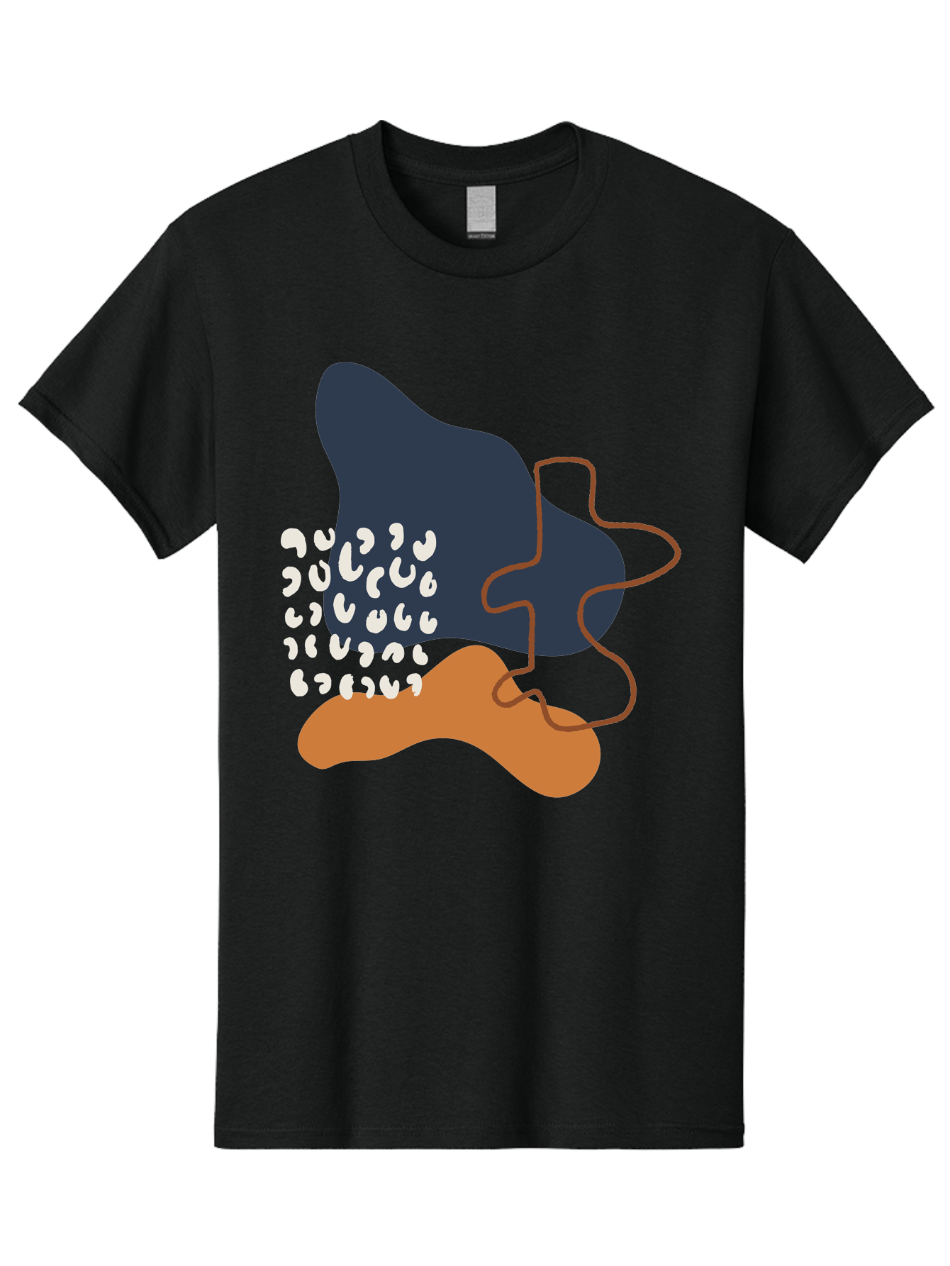 Abstract-Shapes-4 Men'S Graphic Tee, 100% Cotton, Comfortable Casual Summer Wear, Machine Washable, Abstract Art, Modern Design, Unique Shapes, Navy Blue Shape, Orange Blob, White Semicolons, Brown Squiggly Line, Creative Expression, - Aaa356 19