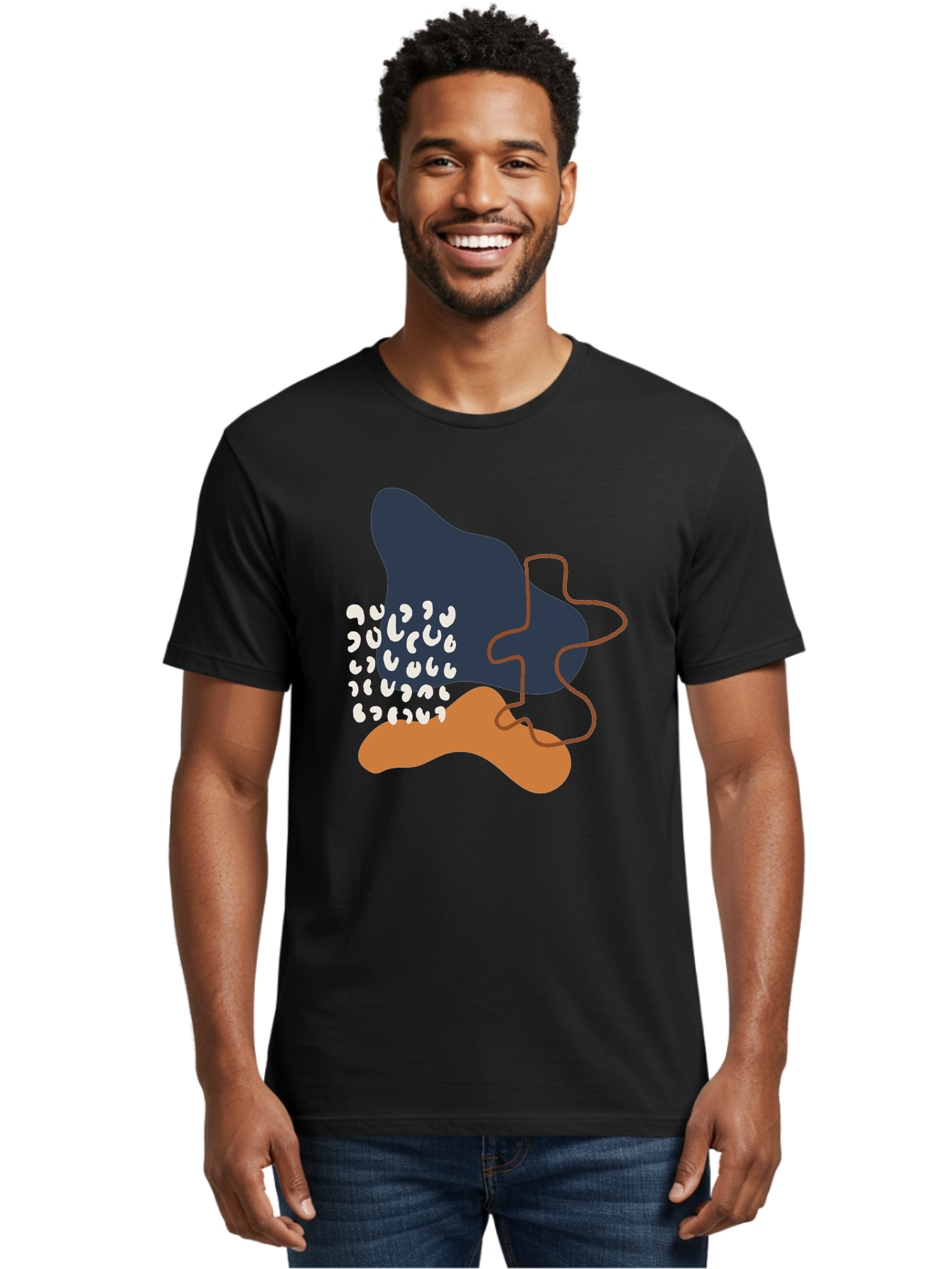 Abstract-Shapes-4 Men'S Graphic Tee, 100% Cotton, Comfortable Casual Summer Wear, Machine Washable, Abstract Art, Modern Design, Unique Shapes, Navy Blue Shape, Orange Blob, White Semicolons, Brown Squiggly Line, Creative Expression, - Aaa356 20