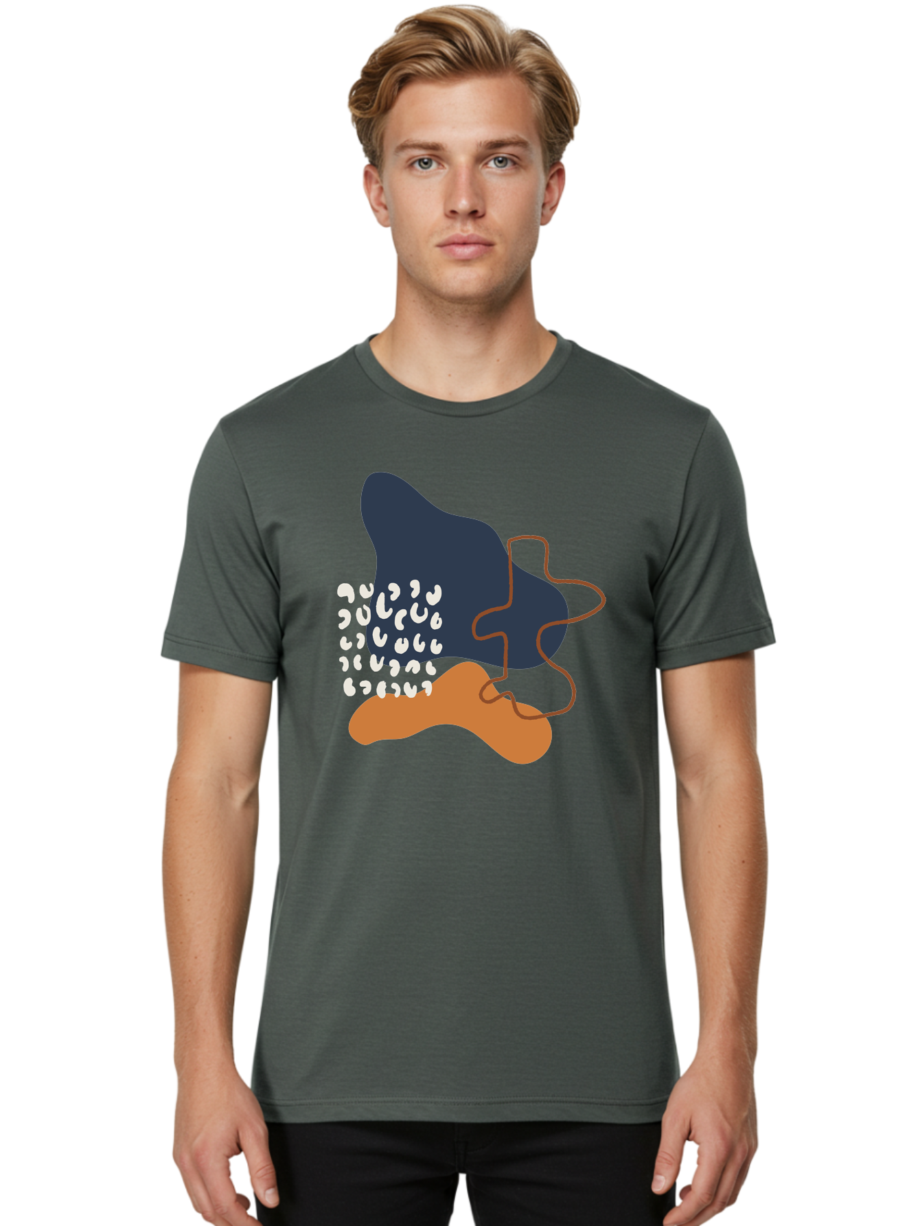 Abstract-Shapes-4 Men'S Graphic Tee, 100% Cotton, Comfortable Casual Summer Wear, Machine Washable, Abstract Art, Modern Design, Unique Shapes, Navy Blue Shape, Orange Blob, White Semicolons, Brown Squiggly Line, Creative Expression, - Aaa356 24