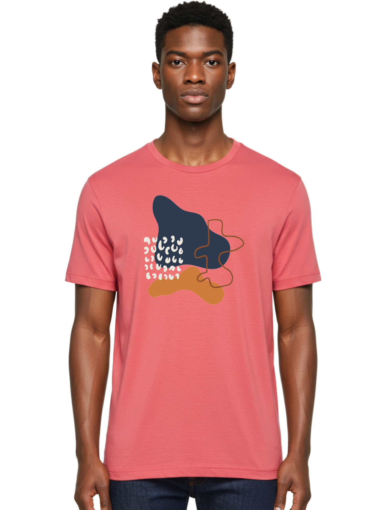 Abstract-Shapes-4 Men'S Graphic Tee, 100% Cotton, Comfortable Casual Summer Wear, Machine Washable, Abstract Art, Modern Design, Unique Shapes, Navy Blue Shape, Orange Blob, White Semicolons, Brown Squiggly Line, Creative Expression, - Aaa356 14